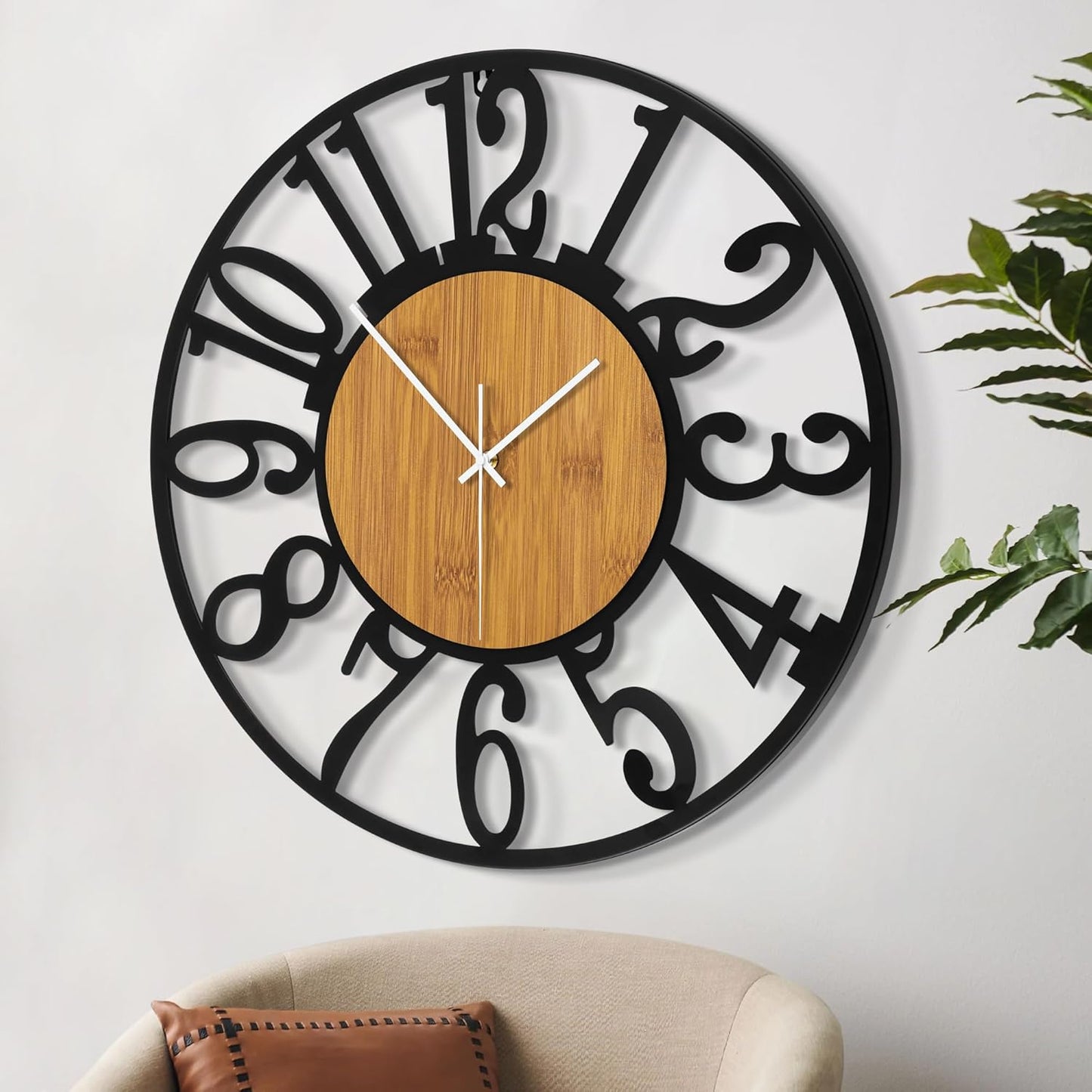 LEIKE 32" Oversized Large Wall Clocks,Silent,Non Ticking,Battery Operated Modern Round Big Wood Decorative Metal Wall Clock for Living Room, Bedroom,Kitchen,Farmhouse,Office Decor - Black,32 Inch
