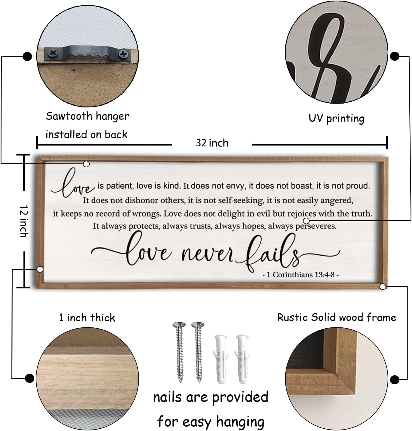 flowtorely Love is Patient, Kind Wall Art Decor 32"X12" Sign 1 Corinthians 13 Bedroom Above Bed Wall Decor Large Bible Verse Quote Scripture Christianity Hanging Sign (Wood)