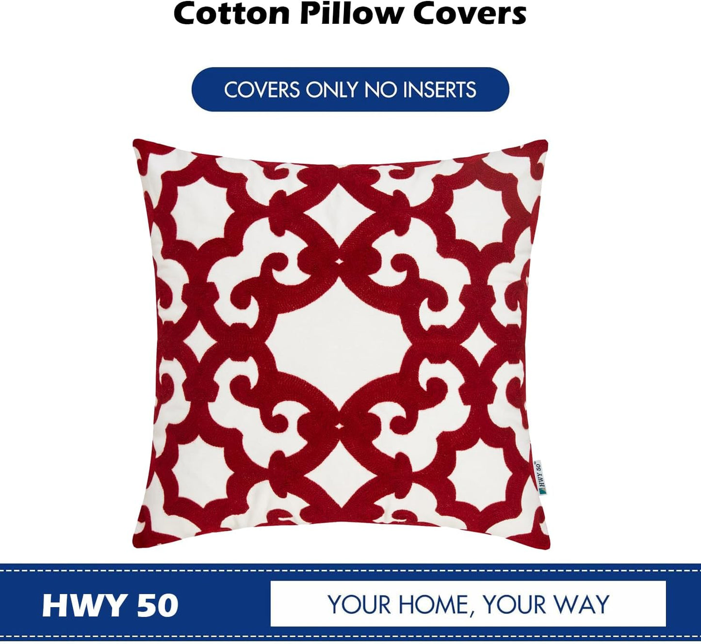 HWY 50 Red Decorative Throw Pillow Covers 18x18 Inch (1 Piece), Embroidered Cotton Farmhouse Cushion Cover Pillow Case for Sofa Couch Living Room Bed, Geometric