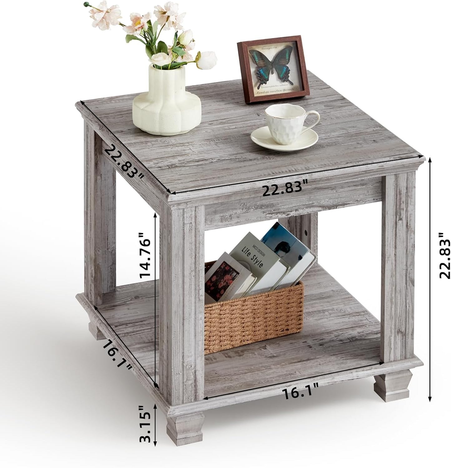 Farmhouse End Table,Large Side Table with 2-Tier Storage Shelf,Rustic Wood End Tables for Living Room,Square Tea Table,Gray