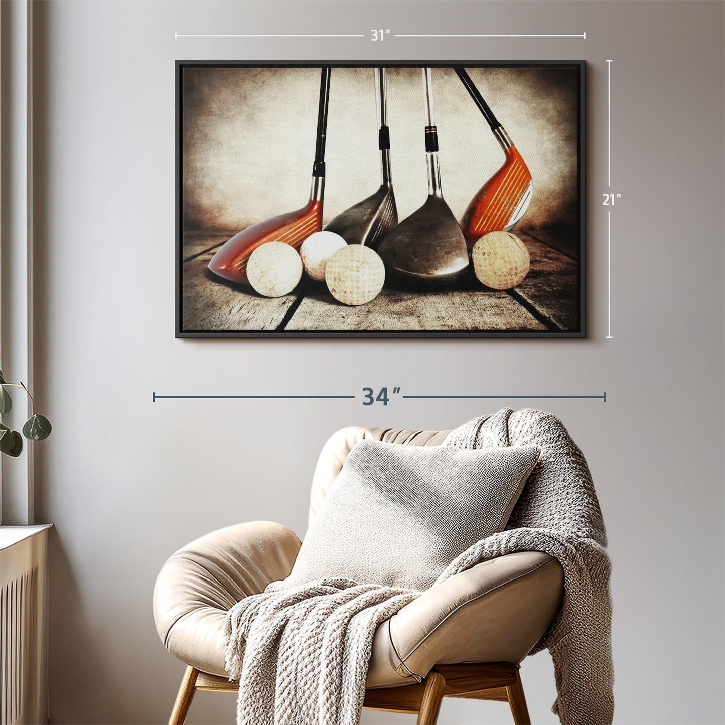 Elephant Stock Golf Sets Wall Art - Horizontal Framed Canvas - 1-Piece Mancave Wall Decor - Photography Sports Canvas Print - Yellow and Brown Decor for Wall - 31" X 21"