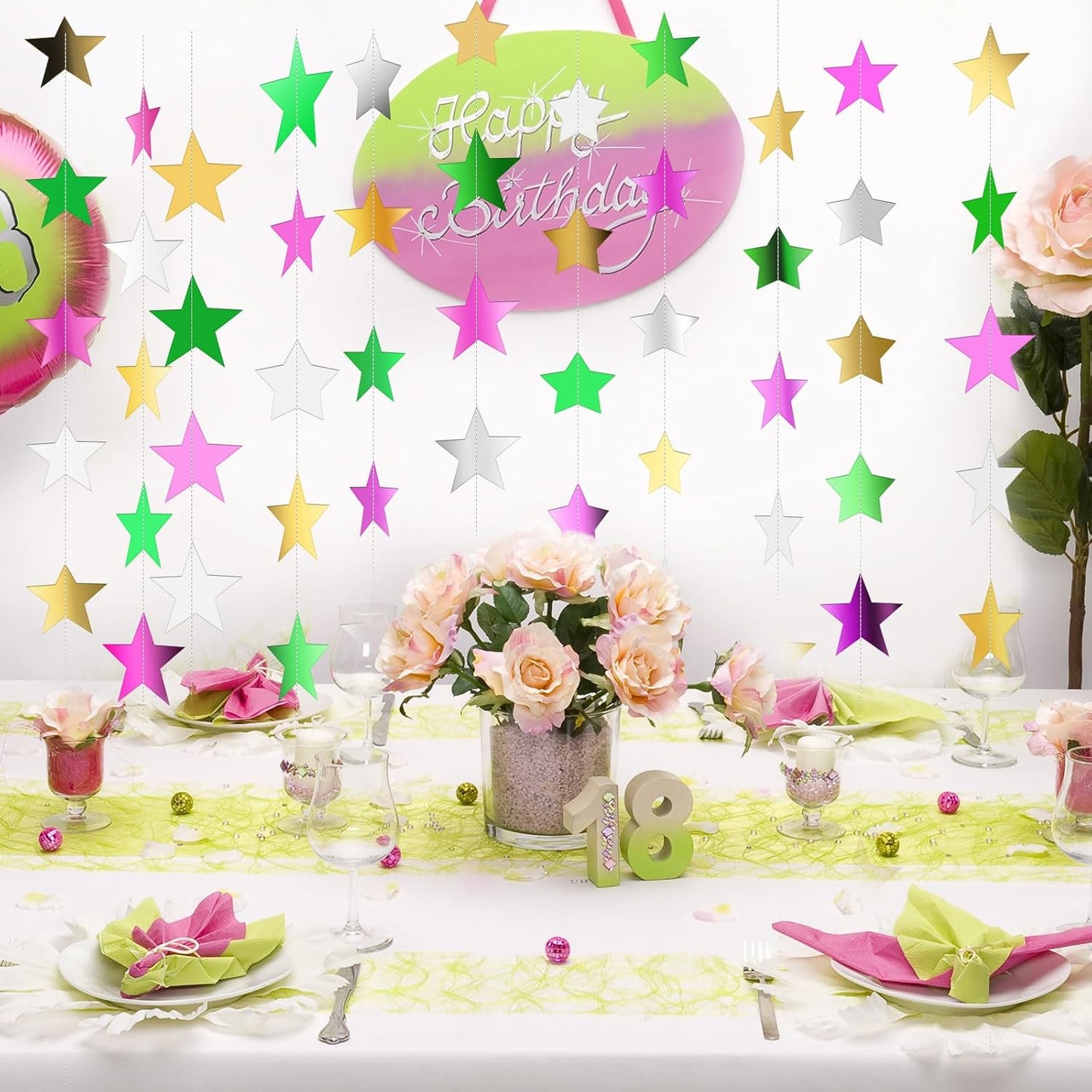 Patelai Glitter Star Garland Banner Decor 130 Feet Star Hanging Bunting Banner Twinkle Backdrop for Homecoming Classroom Wedding Birthday Halloween Christmas Party Supplies(Green,Pink,Gold,Silver)
