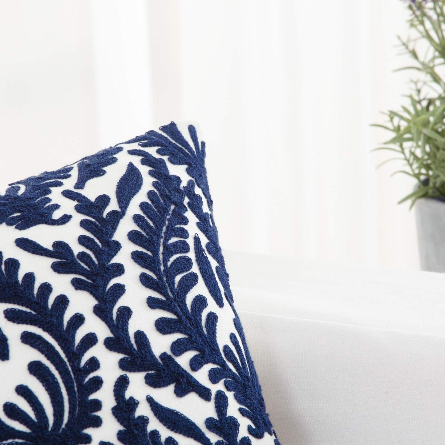 HWY 50 Navy Blue Decorative Throw Pillow Covers 18x18 Inch (1 Piece), Embroidered Cotton Farmhouse Cushion Cover Pillow Case for Sofa Couch Living Room Bed Bedroon, Floral Branches