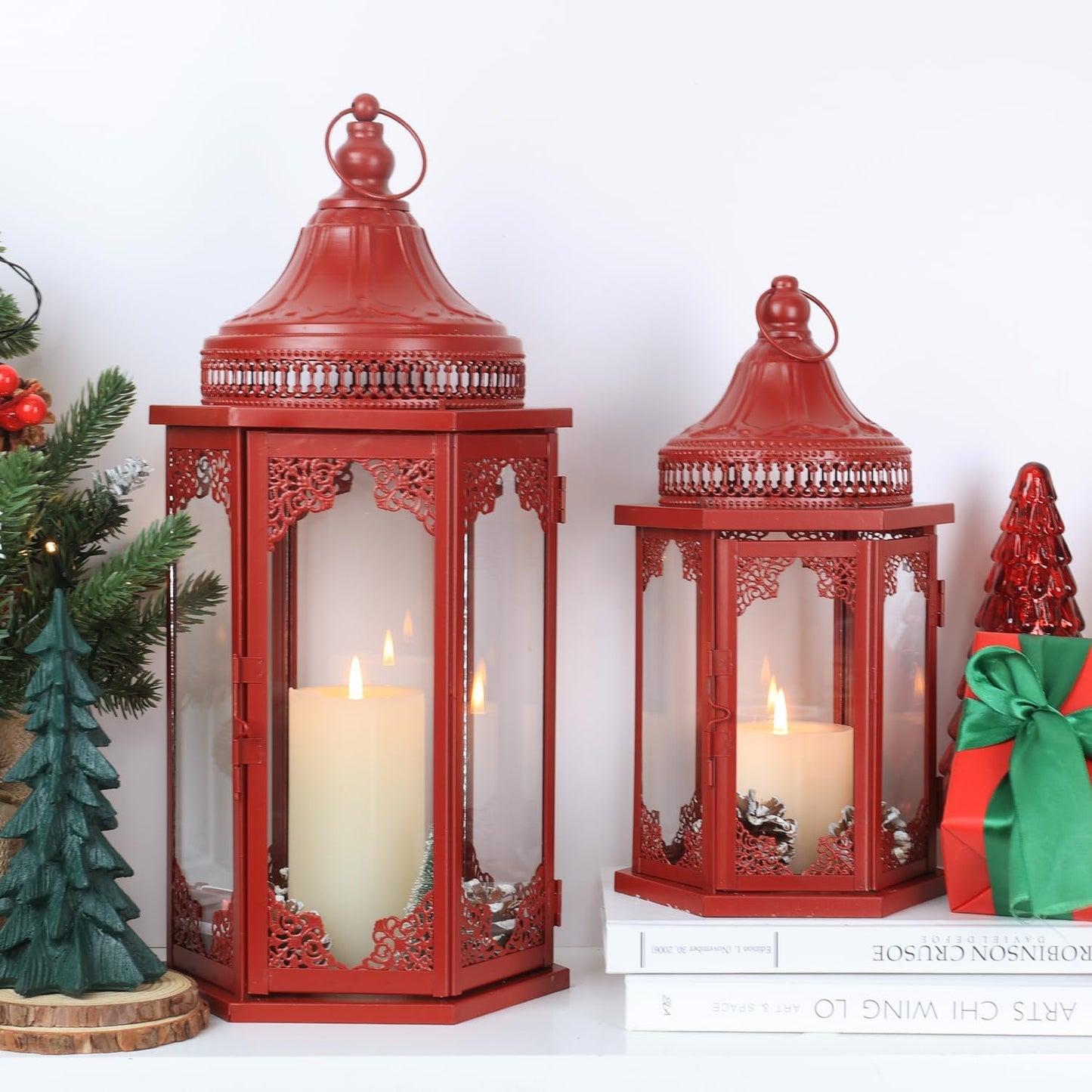 NEEDOMO Christmas Decorations Set of 2, 22''/15'' Christmas Lantern with Glass Panels for Home Decor, Decorative Hanging Lantern Indoor Outdoor for Xmas Table Centerpieces, Porch, Patio(Red)