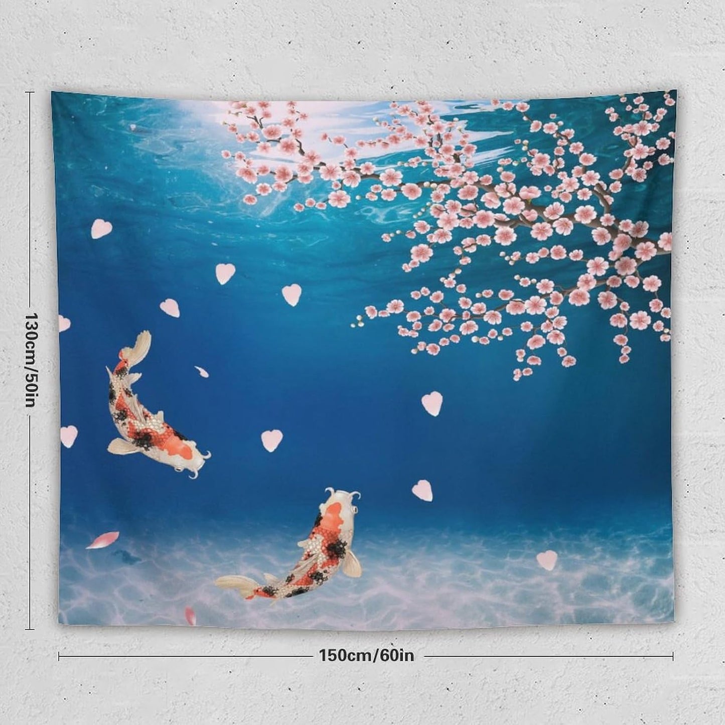Japanese Koi Fish Tapestry, Cherry Blossoms Asian Oriental Blue Floral Branch Koi Fish Carp Tapestries Wall Hanging for Bedroom Living Room Office Decor 60"x50"