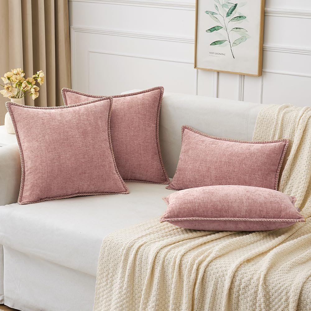MIULEE Pack of 2 Couch Throw Pillow Covers 16x16 Inch Blush Pink Farmhouse Decorative Pillow Covers with Stitched Edge Soft Chenille Solid Dyed Spring Pillow Covers for Sofa Bed Living Room