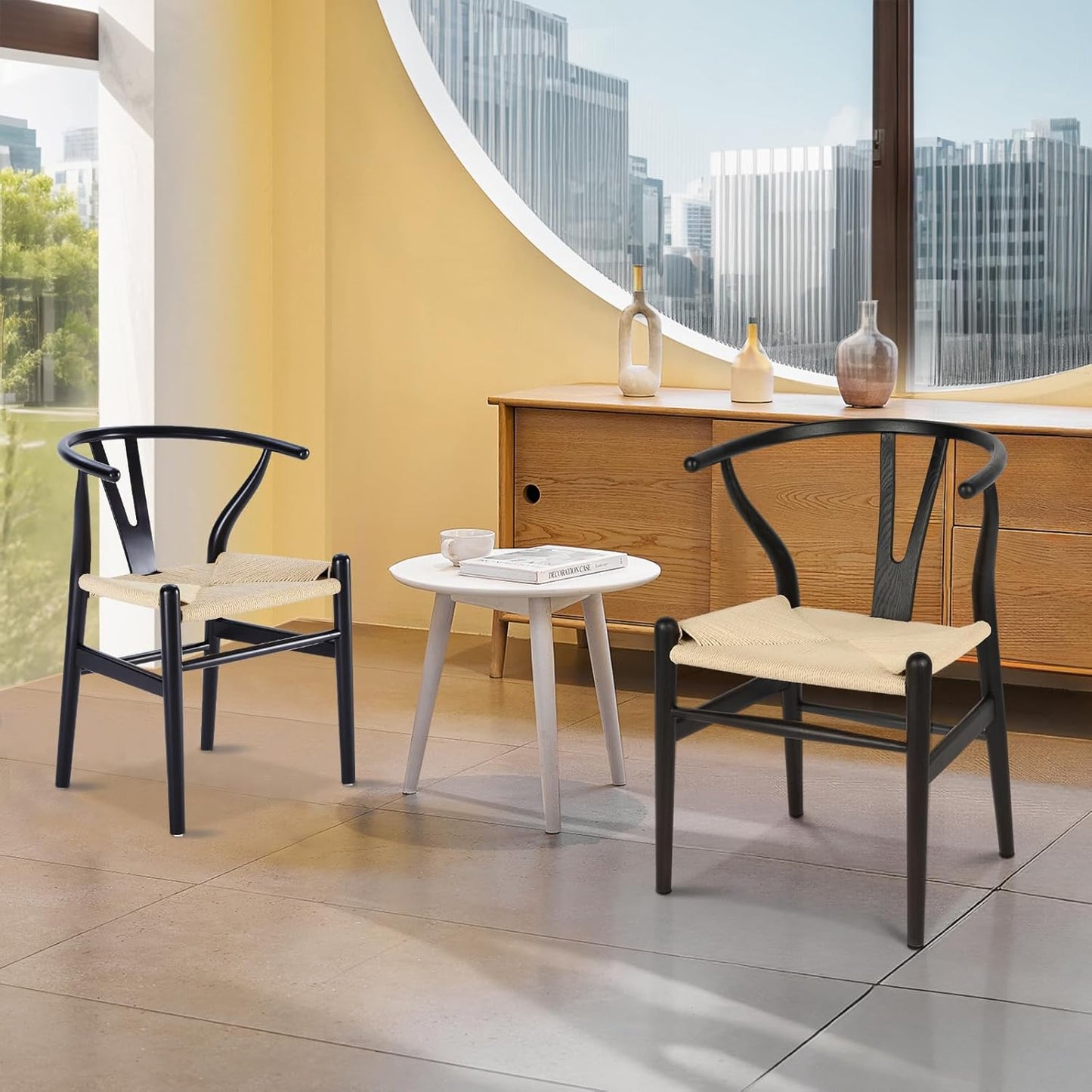 Wishbone Chair Natural Solid Wood Dining Chair/Hans Vegner Y Chair Rattan and Wood Accent Armrest Chairs Set of 2 (Ash Wood - Black + Natural Cord 2 Chairs)