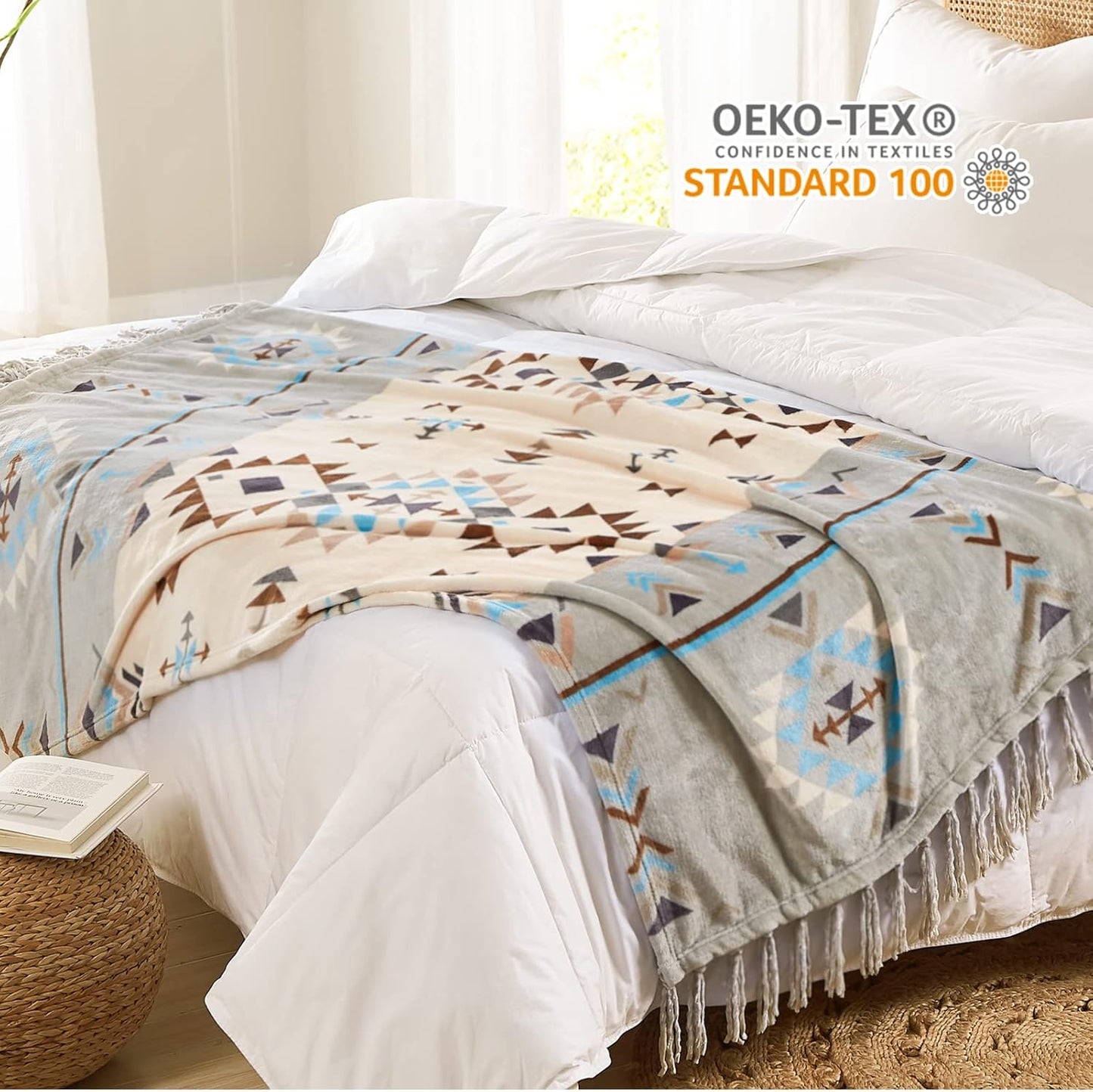 CASAAGUSTO Boho Throw Blanket - Green and Beige Decorative Blankets with Tassel, Printed Flannel Bohemian Blanket for Chair, Bed, Sofa, Couch(60 * 80, Green and Beige)