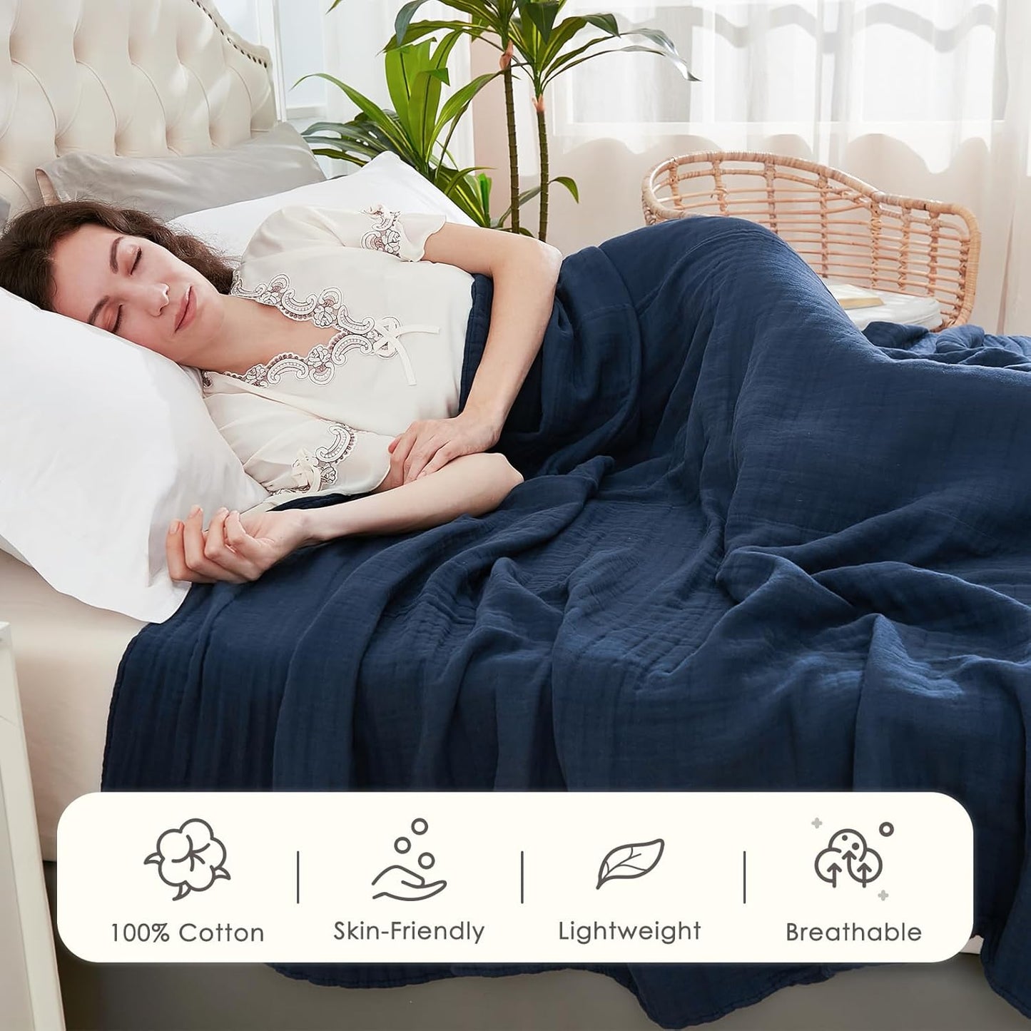 EMME Cotton Blanket Twin XL for Bed Soft Muslin Blankets 66"x90" Lightweight Breathable Layering Bedspread Coverlet All Season Gauze, Navy