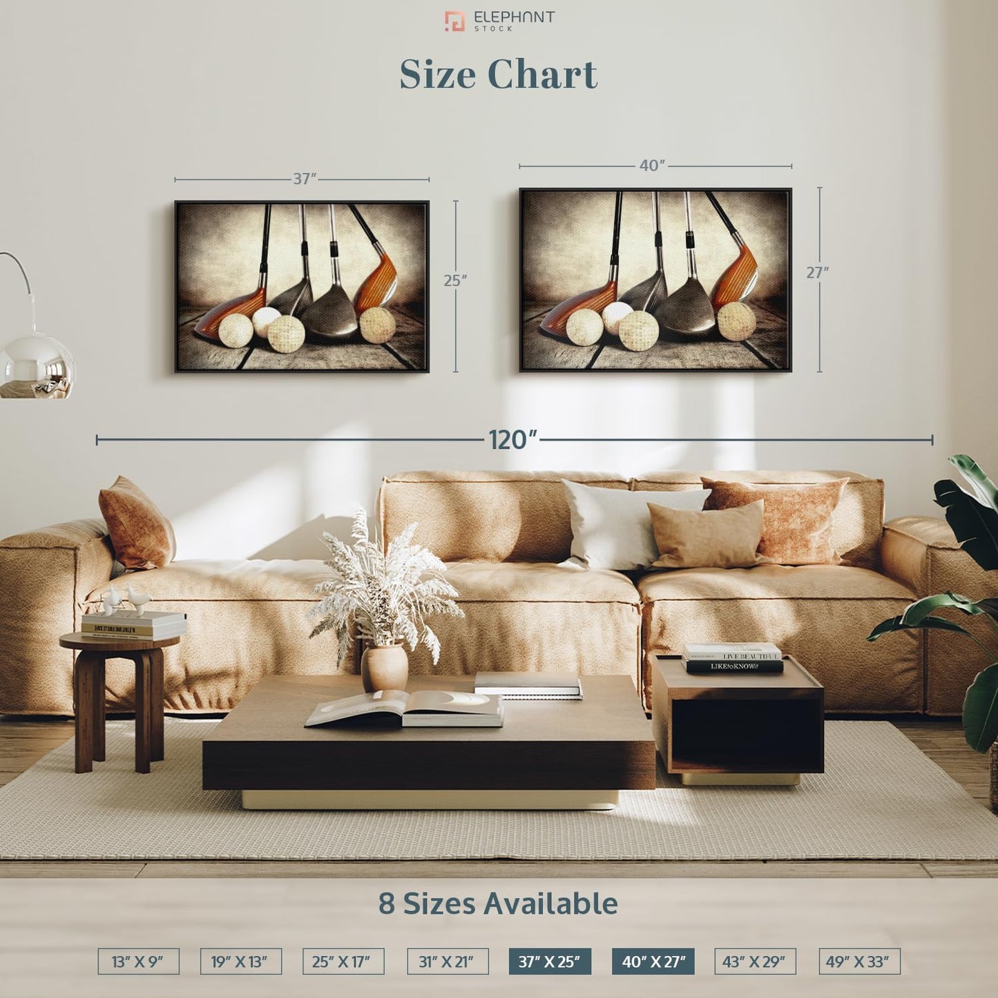 Elephant Stock Golf Sets Wall Art - Horizontal Framed Canvas - 1-Piece Mancave Wall Decor - Photography Sports Canvas Print - Yellow and Brown Decor for Wall - 40" X 27"