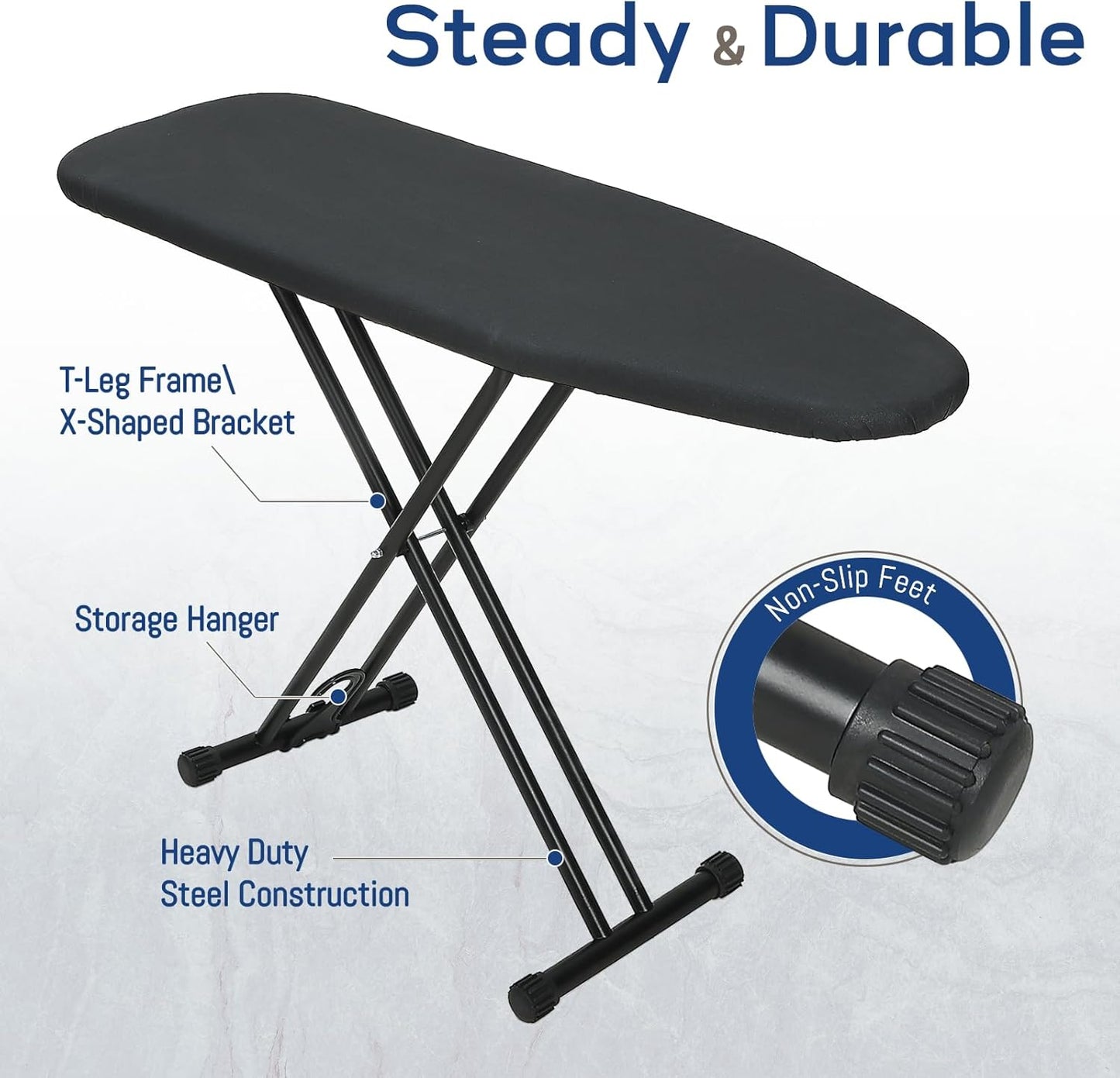 Ironing Board 43x13 with Iron Rest, RAINHOL Compact Iron Board Full Size with Thick Cover and Pad, Easy Storage Hanger with Heat-Resistant Silicone Pad, Space Saving and Height Adjustable, Black