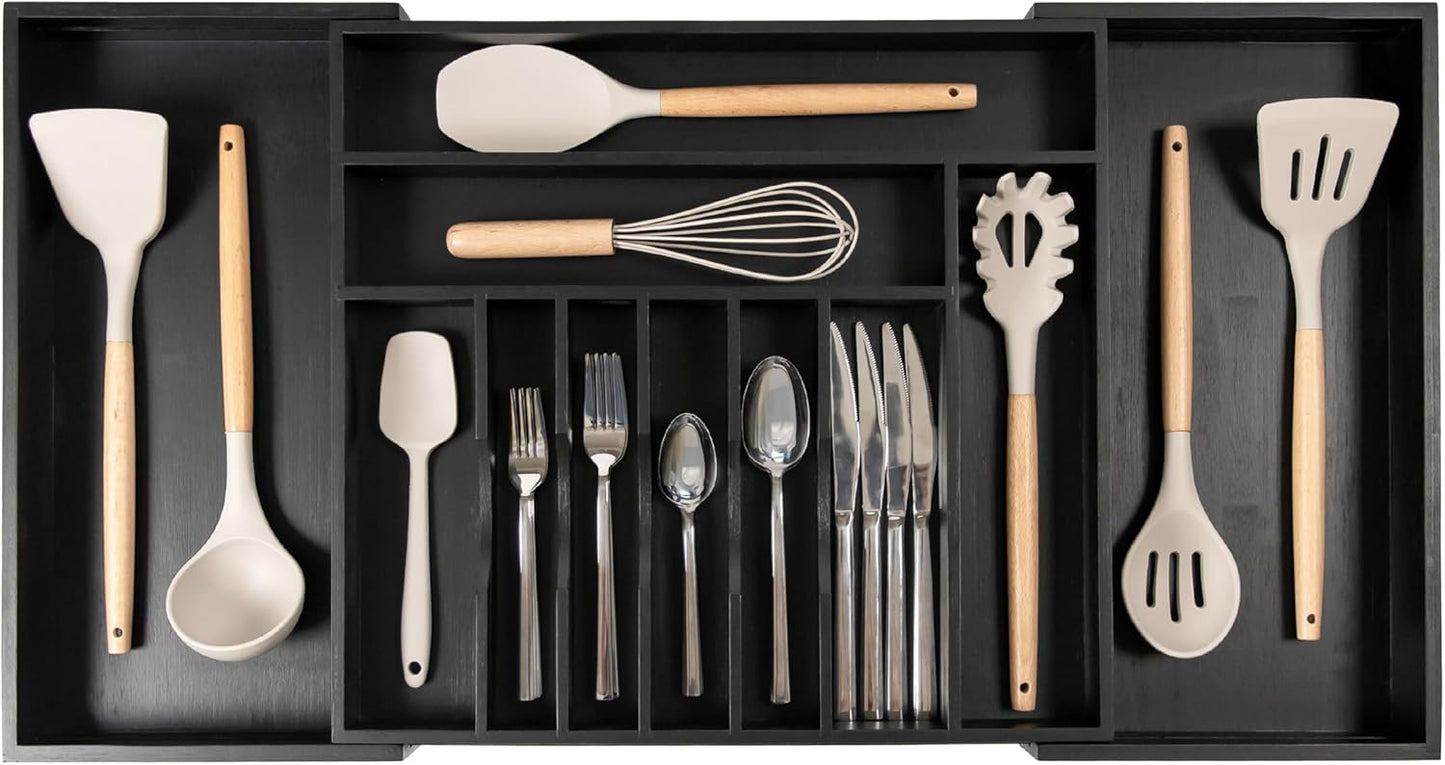 Premium Silverware, Flatware and Utensil Organizer for Kitchen Drawers, Food-Safe Contract Grade, Expandable from 18 to 33 In, Black Bamboo