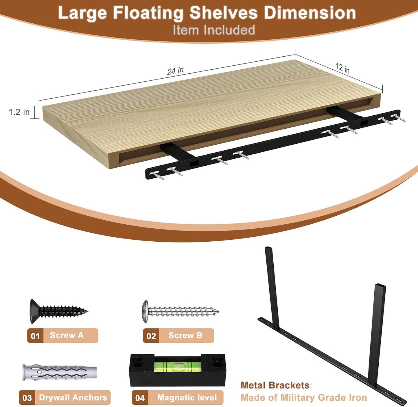 12 Inch Deep Floating Shelves for Wall 3 Pack Floating Shelves Large Storage Space Wall Mount Shelf for Living Room Kitchen Bathroom 24" W x 12" D x 1.2" H Oak