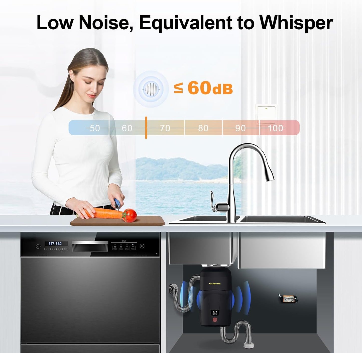 A600 Garbage Disposal 3/4 HP for Kitchen Sink, Food Waste Disposer Fast Continuous Feed Stainless Steel Grind, Quiet, Ease Install, With Power Cord, Powerful Drainage Compact Design 0.75 Horsepower