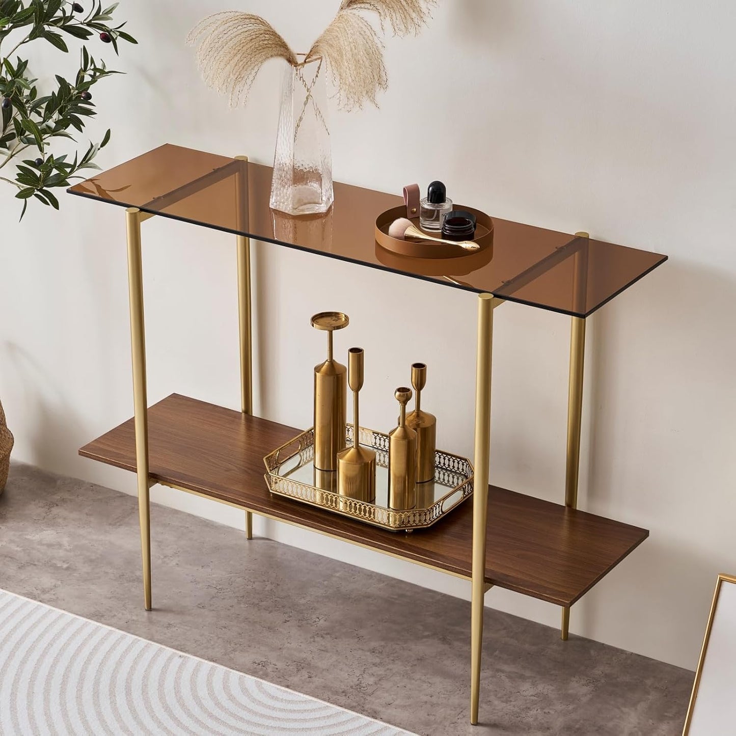Glass Console Table for Living Room, Foyer & Entrance, 2-Tiers Mid-Century Modern Sofa Table with Amber Glass Top, Walnut Finish Wood Shelf and Gold Finish Frame