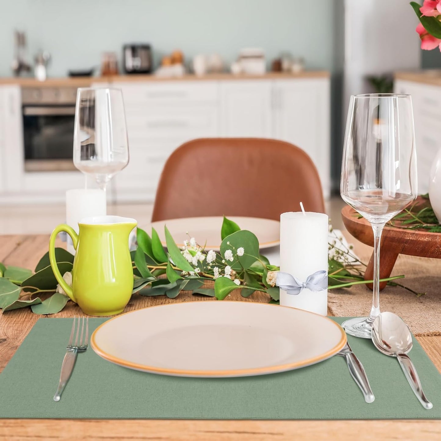 MANSPHIL Sage Green Cloth Placemats Set of 6, Double Layer Faux Linen Place Mats Heat Resistant Washable Table Mats for Dining Kitchen, 13x19 Inch
