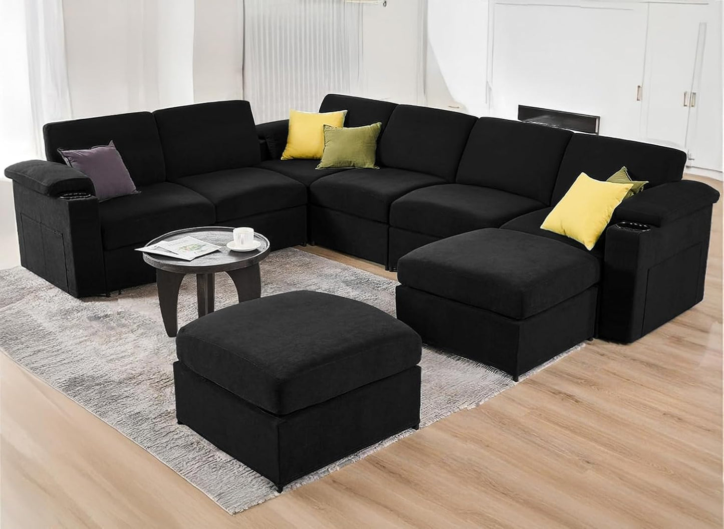 Modular Sectional Sofa Couch for Living Room Velvet Cloud Couches Oversized U Shaped Sectional Couch Convertible Sleeper Sofa Chaise Padded Armrests Cup Holder (Black, 8 Seats)