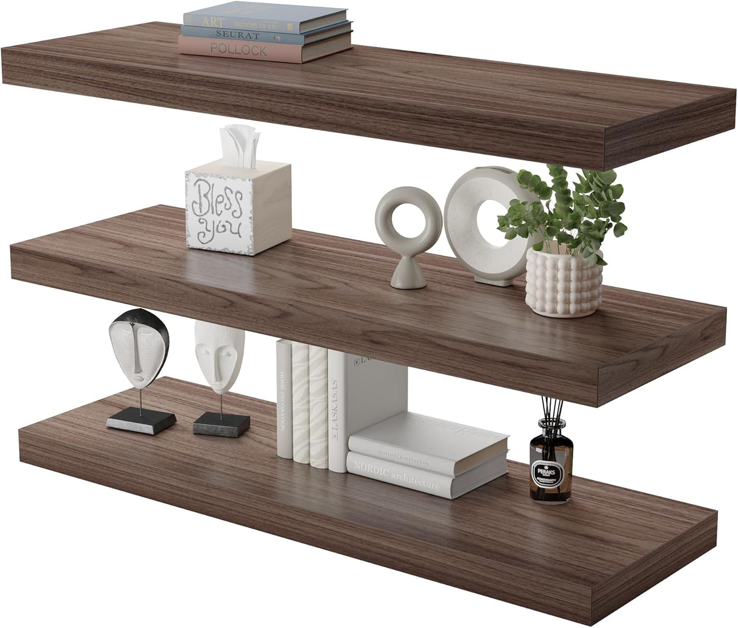 Large Floating Shelves for Wall Set of 3 Wooden Wall Shelves 36 in x 12.75 in x 2 in Room Decor Long Shelf with Invisible Wall Mount Bracket for Bedroom Kitchen Living Room Walnut