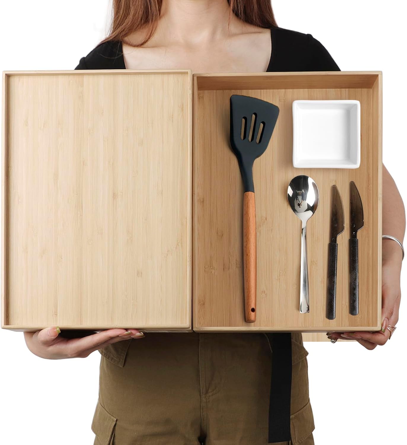 Stackable Bamboo Drawer Organizer Set – 2 Boxes with 1 Lid | Wood-Laminated Trays for Kitchen Utensils, Silverware & Flatware – Fits Cabinets, Pantry, Bathroom & Office | 14.6"x10.2" (2-Pack)