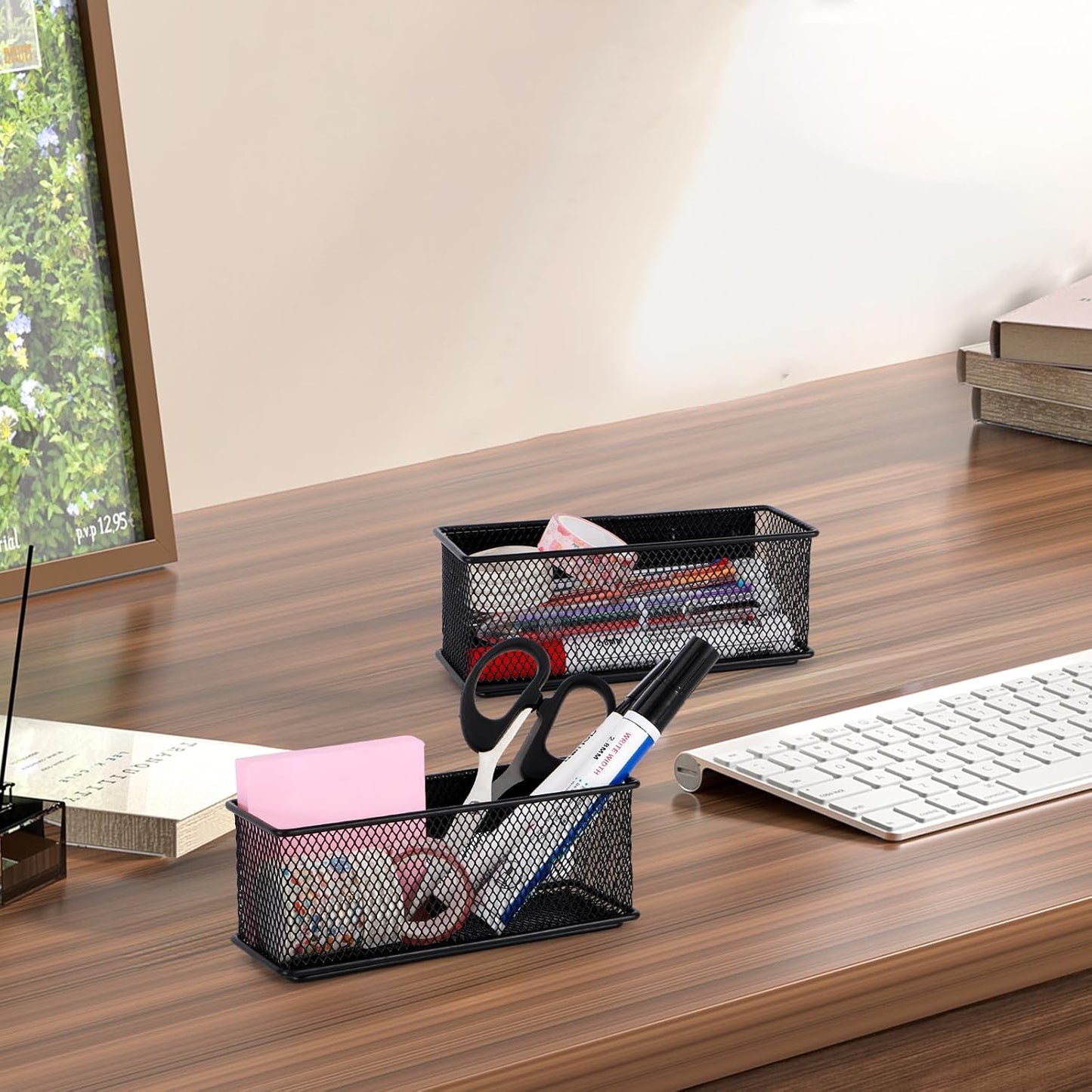 6.29'' × 2.28'' × 2.48 Black Magnetic Basket for Refrigerator Magnetic Pen Holder Locker Organizer for Home Office Accessories Magnetic Basket for Whiteboard，Set of 2