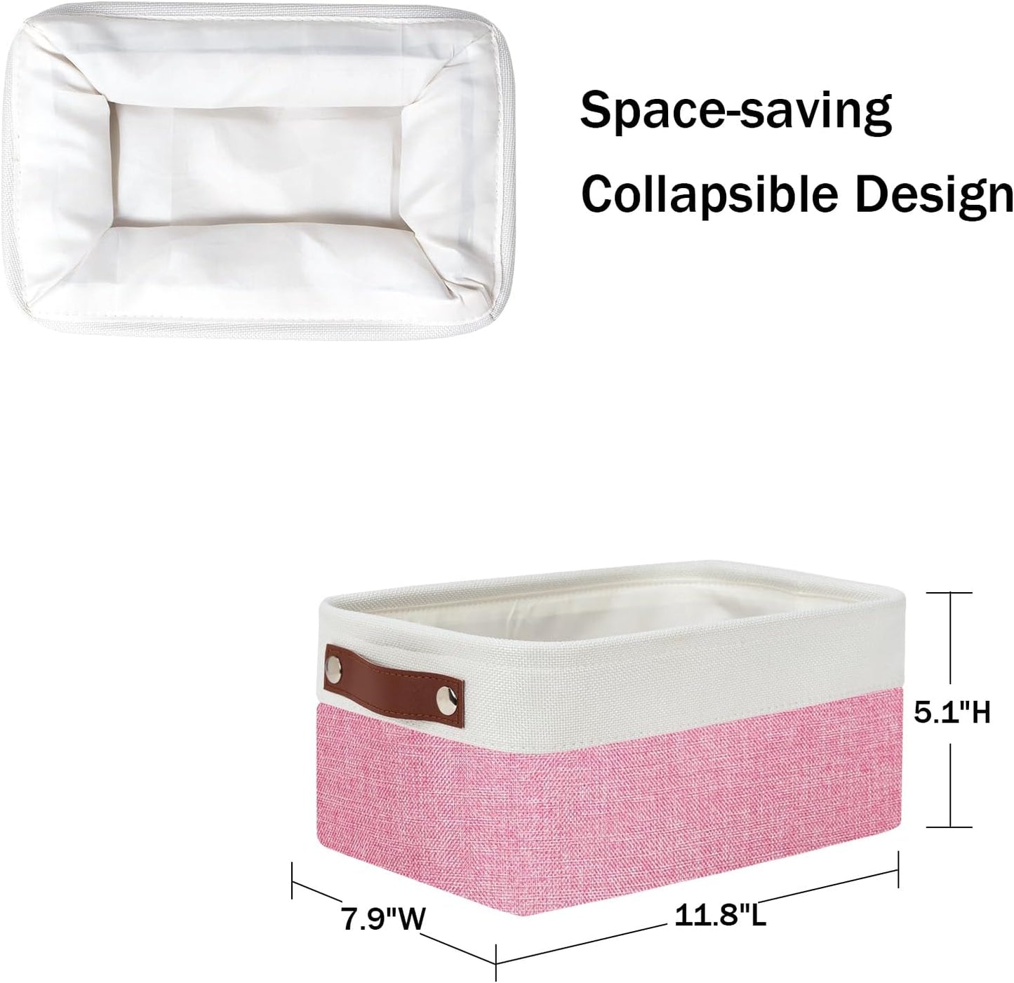 DULLEMELO Small Storage Baskets 6 Pack, Fabric Collapsible Gift Storage Baskets for Shelves, Closets, Nursery, Home, Office Organizing,Small Canvas Linen Rectangular Storage Bins (6-Pack, White&Pink)