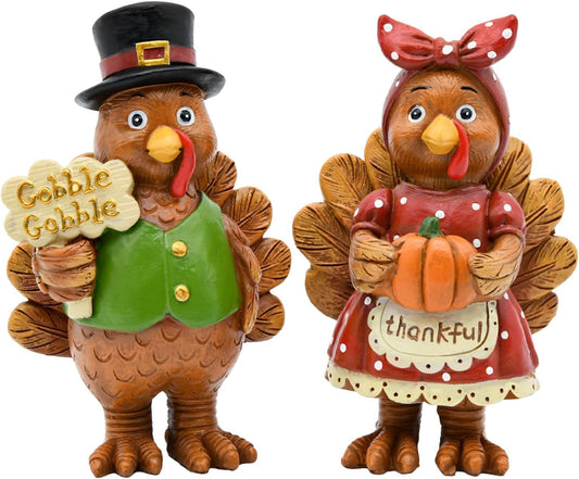 Thanksgiving Turkey Decor - 2Packs Resin Turkey Couple Standing Figurines Thanksgiving Decorations- Fall Decor Indoor for Tables Centerpieces Harvest Farmhouse Kitchen