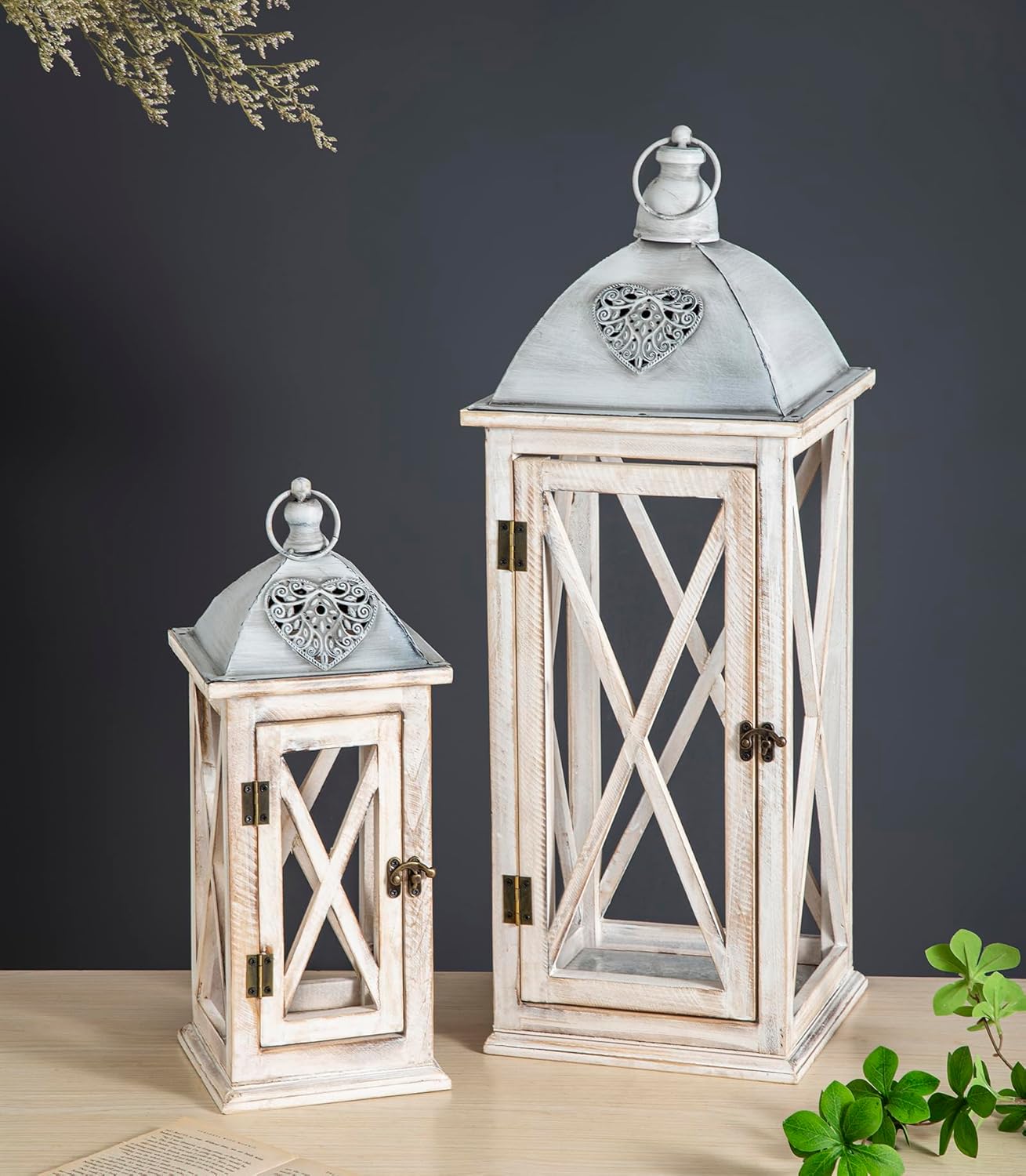 Set of 2 Large Farmhouse Wooden Metal Lanterns, Rustic Decorative Floor Candle Lanterns, Whitewash Distressed Hanging Lanterns for Home Decor (No Glass)