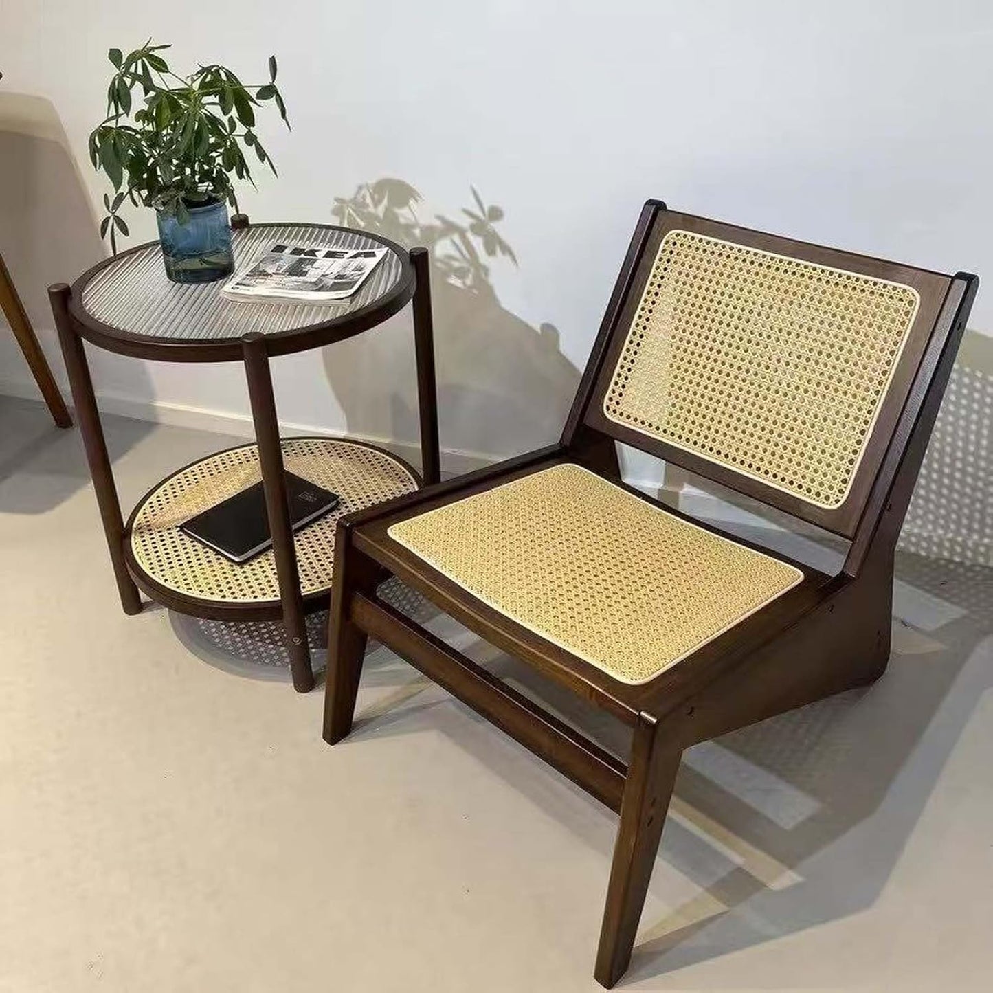 Mid-Century Accent Chair, Rattan Lounge Chair for Living Room, Boho Side Corner Comfy Chair for Bedroom and Balcony, Walnut