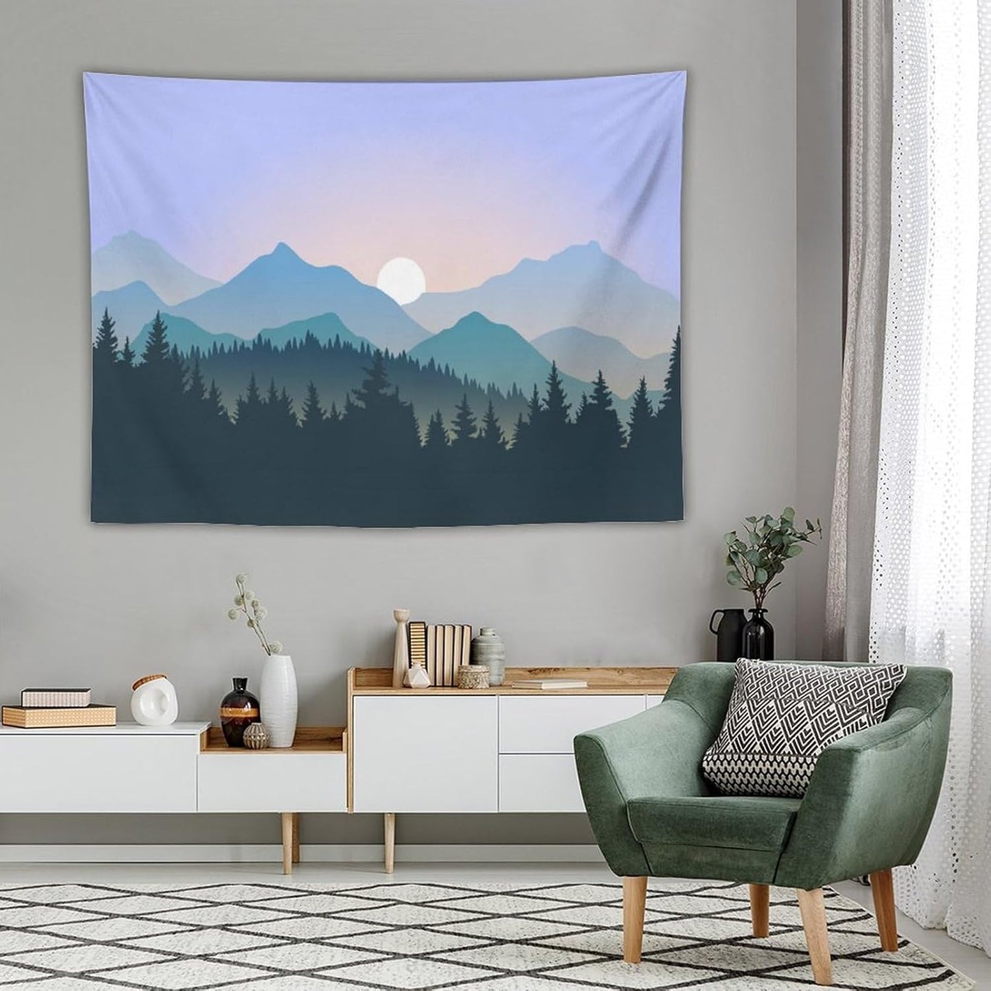 HZOHNAGO Mountain Tapestry Forest Mountain Sunrise Pattern Printed Wall Tapestry Wall Hanging for Bedroom Living Room Dorm 80" W x 60" H