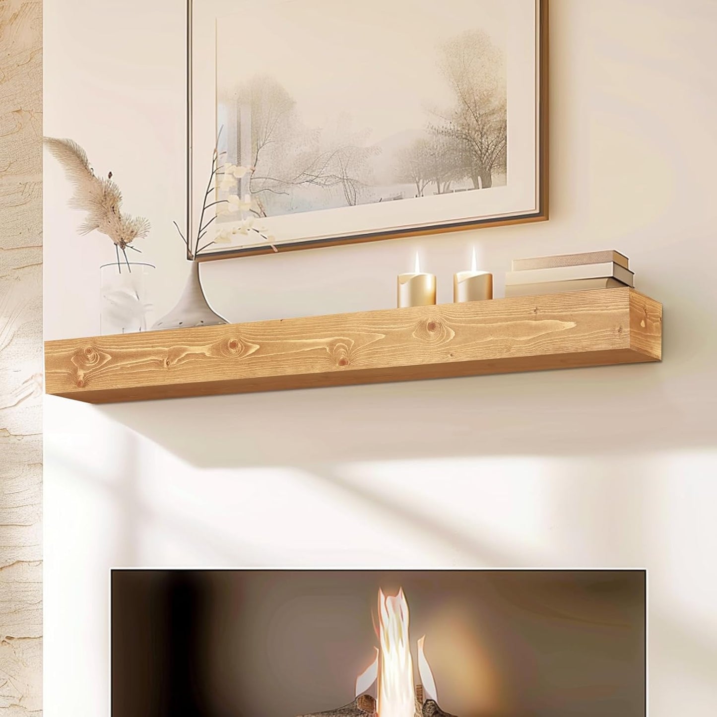 48x8x5 Fireplace Mantel - Handcrafted Rustic Solid Wood Wall Mounted Floating Shelf with Invisible Heavy Duty Wood Bracket (Natural)