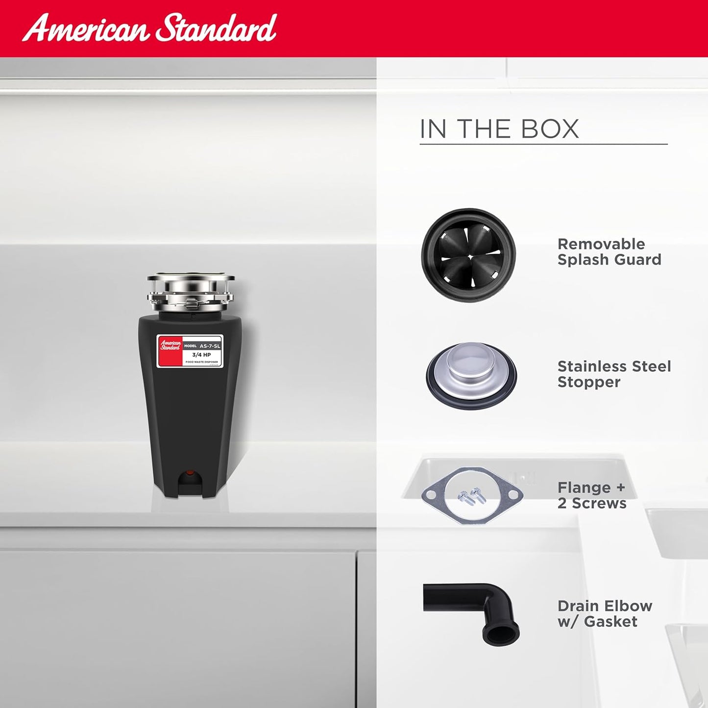 American Standard 10-US-AS-7-SL Garbage Disposal Anti-Jam Stainless Steel Food Waste Grinding System, Slim Line, 3/4 HP, Black