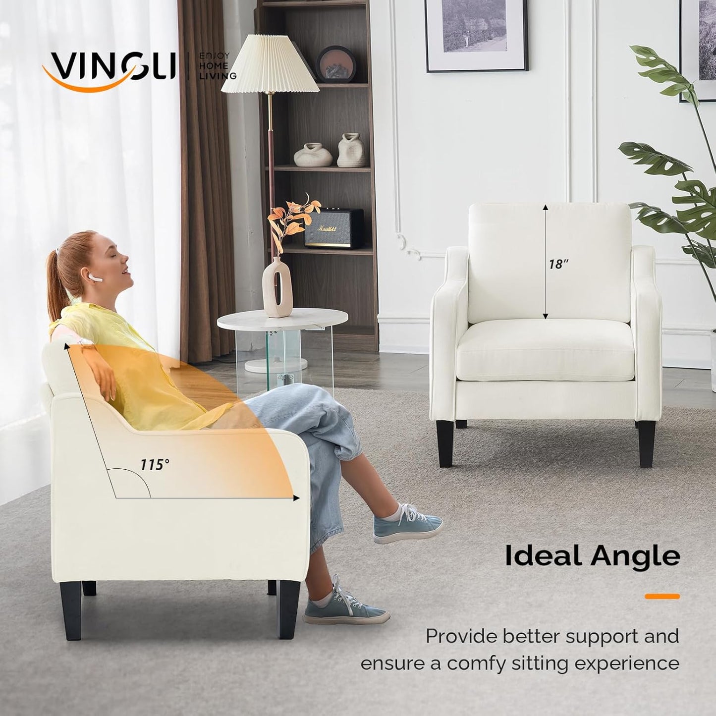 VINGLI Mid Century Modern Accent Chairs for Living Room, Cream White Comfy Reading Chair Soft Chenille Sofa Chairs Upholstered Side Armchair for Living Room, Bedroom, Apartment