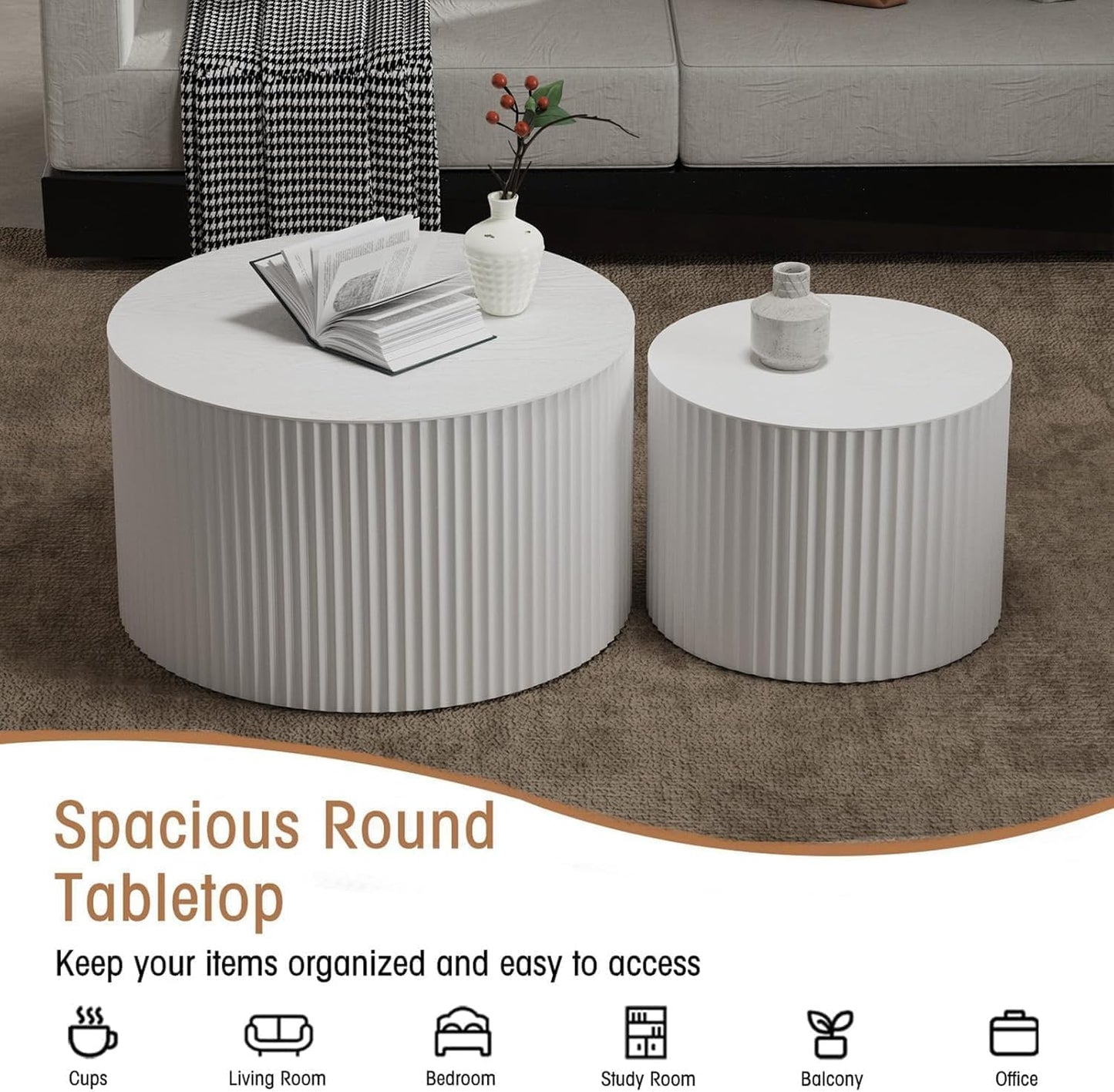 Round Coffee Table Set of 2, Nesting Coffee Table and End Table Set Small Circle Drum Side Table for Living Room Office, No Assembly (B White Large)