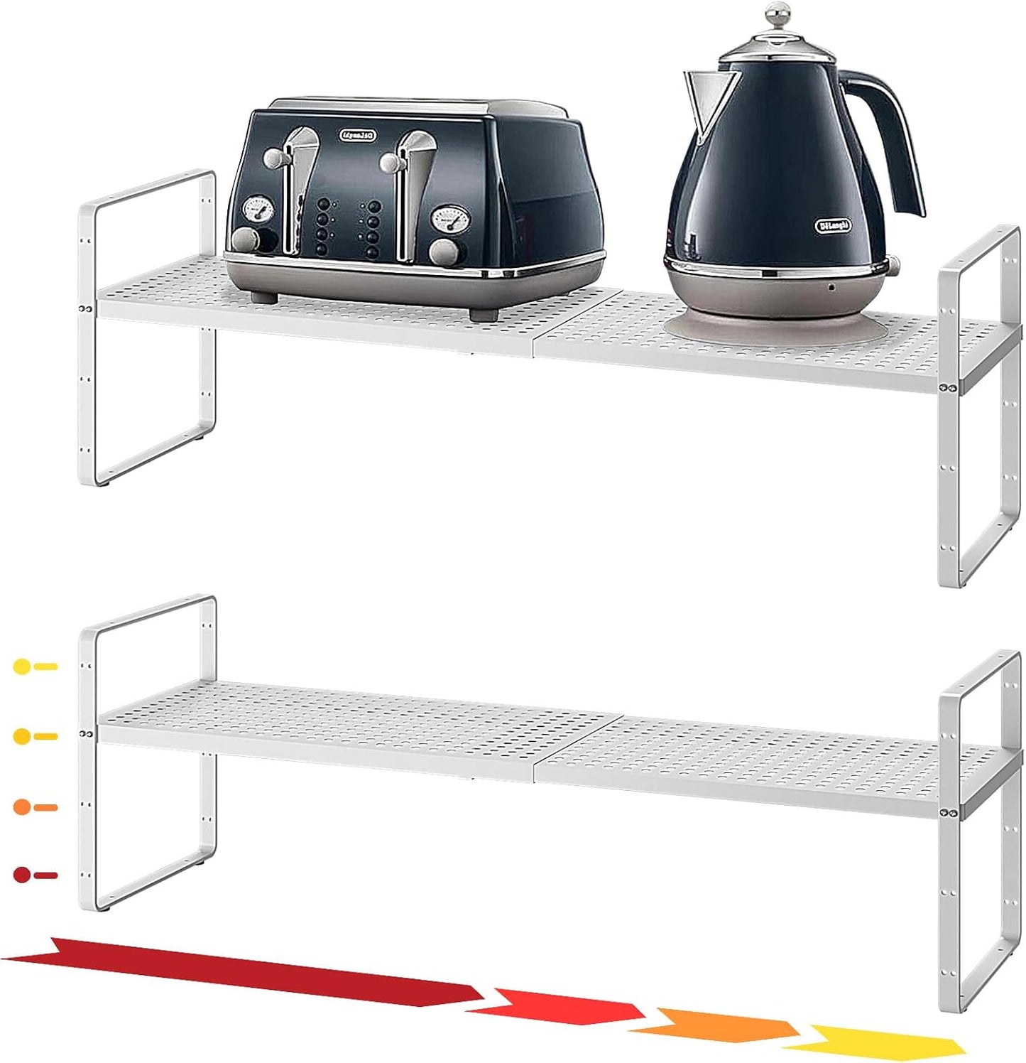 Hole Pattern Expandable Shelf Organizer,2Pack 8.1" Wide Easy to Assemble Cabinet Organizer Shelf, 16.5~27.1" Adjustable Height&Stackable Spice Organization for Cupboard, White