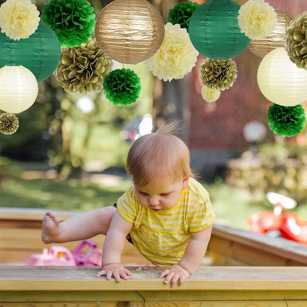 Green Gold Party Decorations, Hanging Paper Lanterns and Pom Poms Flowers for Woodland Baby Shower Graduation Green Birthday Party Decor 15PCS