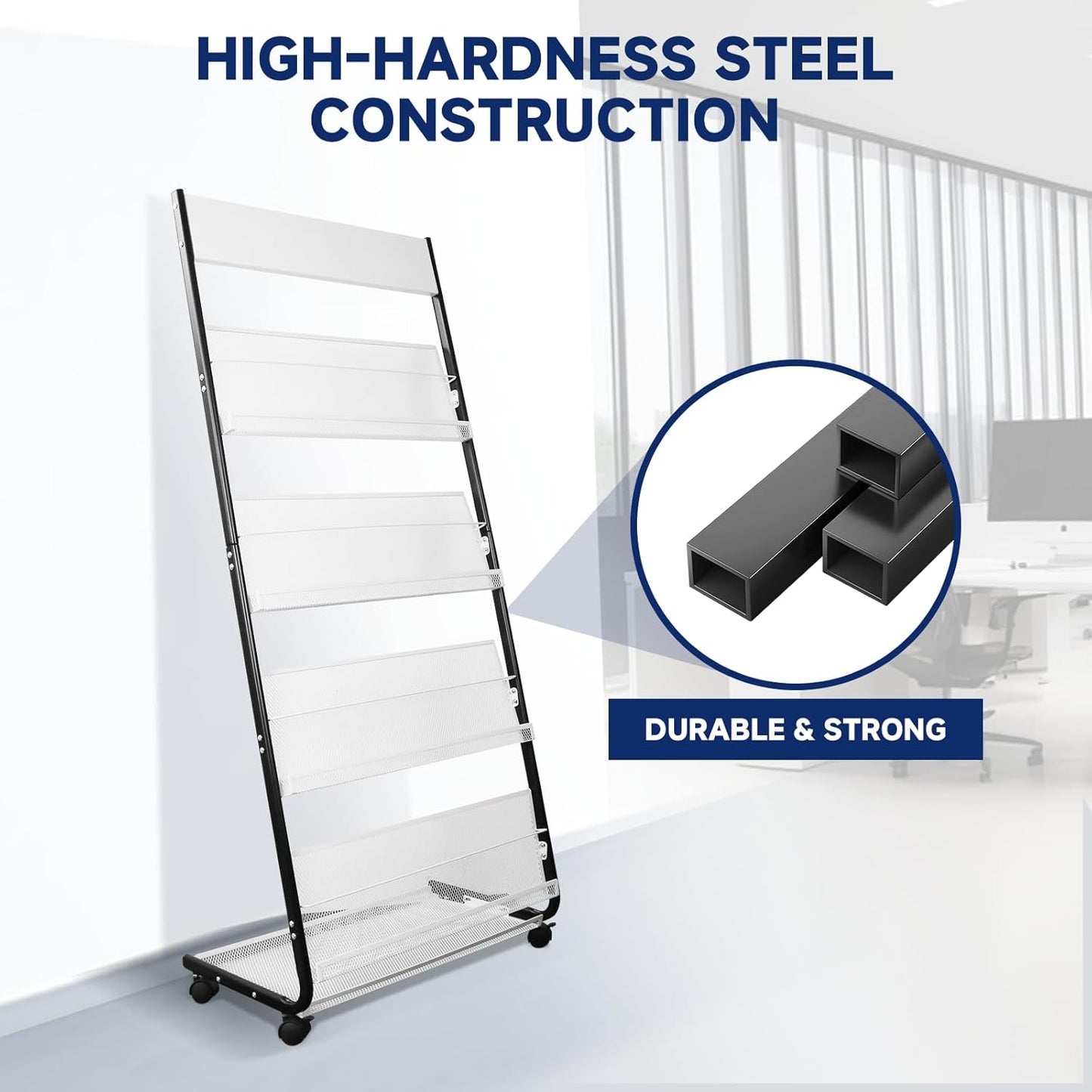 4-Tier Floor-Standing Magazine Rack with Wheels – Perfect Brochure Display Stand for Exhibitions, Offices, and Information Hubs