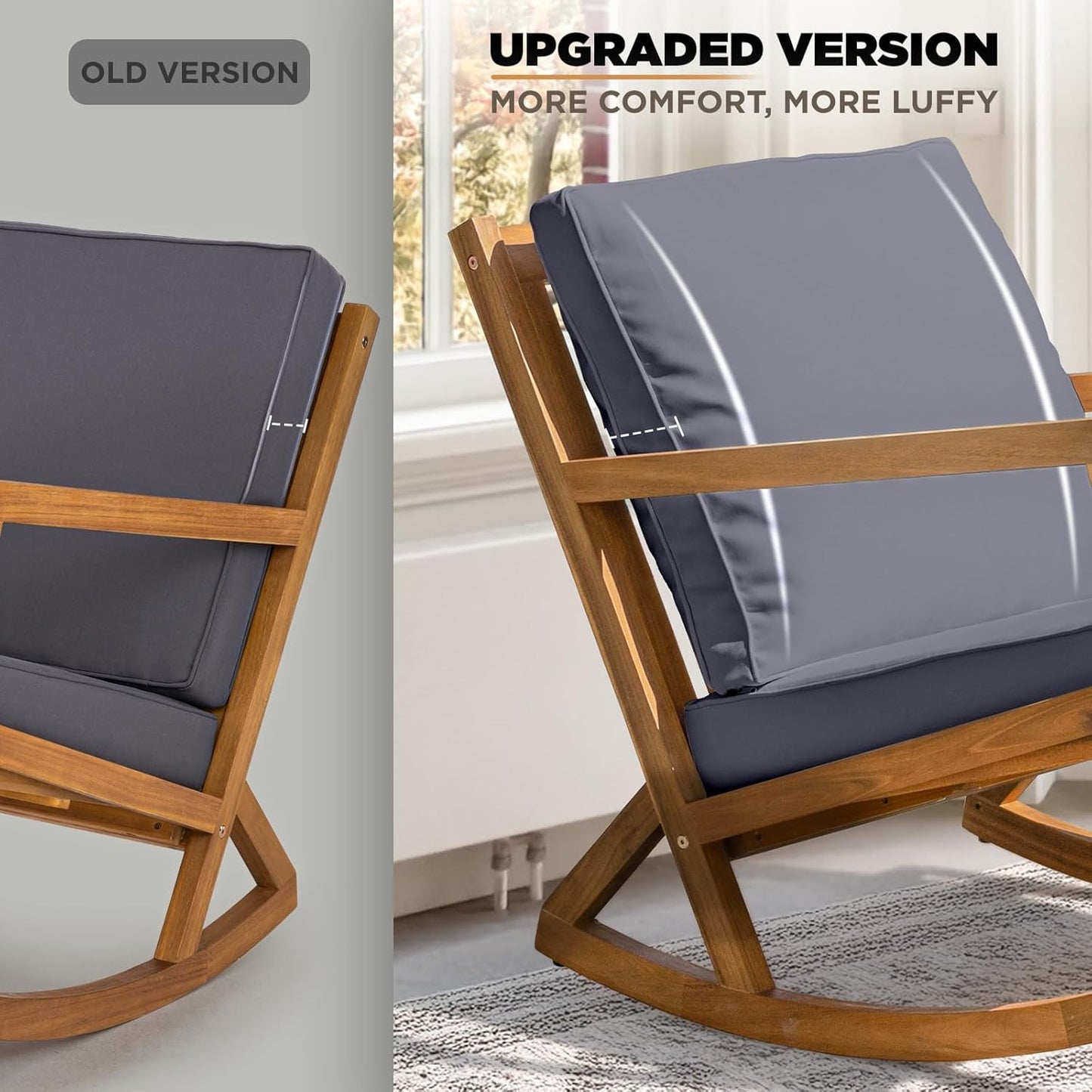 IDZO Club Rocking Chair 500lbs Capacity with Inclined Backrest, Thick Foam Cushion, Solid Acacia Wood Rocker for Patio, Backyard, Balcony, Porch, Grey