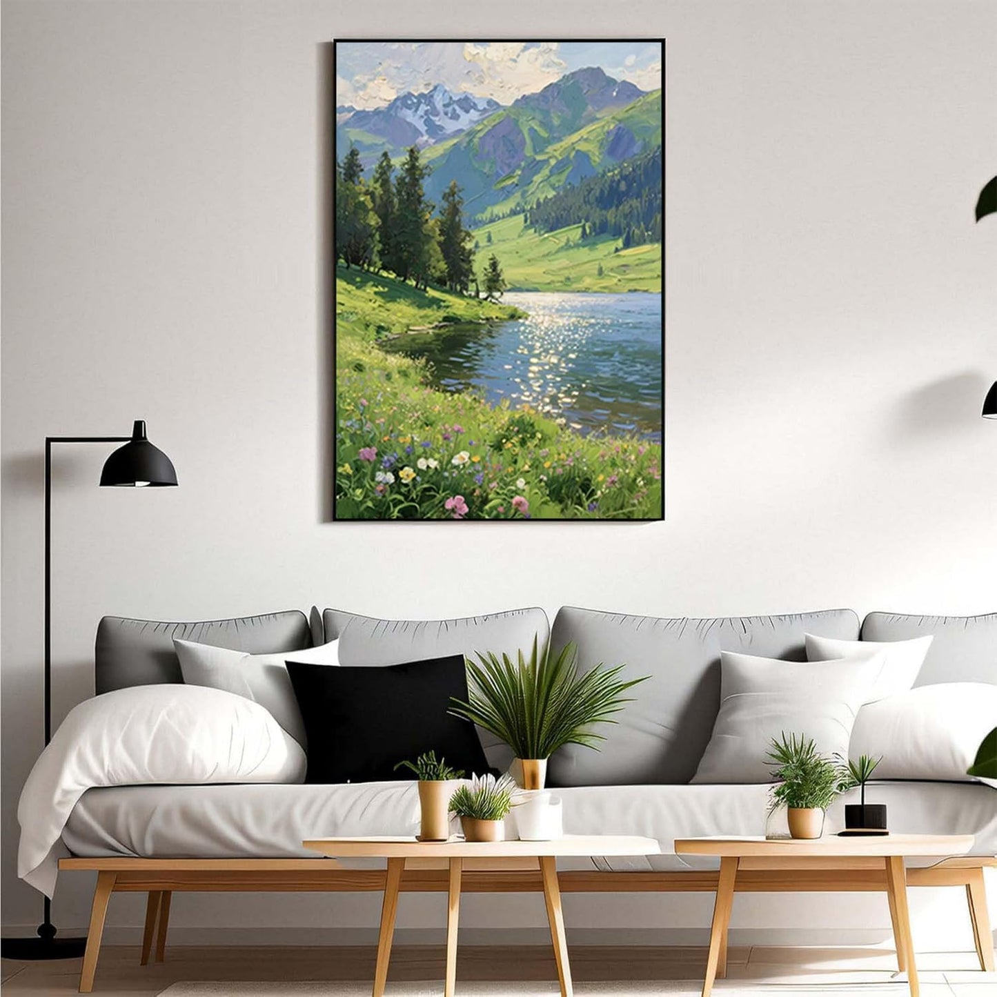 The scenery of mountain streams and green meadows is suitable for living rooms bedrooms offices landscape posters and wall paintings