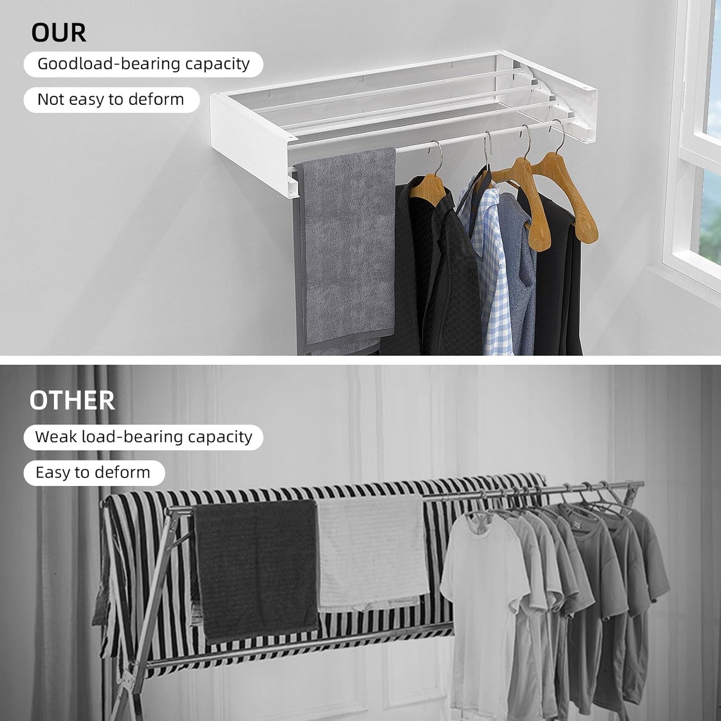 Wall Mounted Drying Rack for Laundry 23.6'', Folding Drying Rack Clothing Wall Mount with 4 Rods, Space Saving for Indoor Outdoor Bathroom Balcony (White, 23.6'')