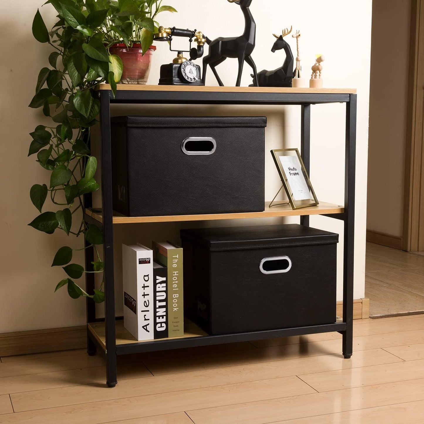 PRANDOM Extra Stackable Storage Bins with Lids [5-Pack] Leather Fabric Foldable Storage Boxes Organizer Containers Baskets Cube with Cover for Bedroom Closet Office Nursery Black (22.8x15.7x13.8)