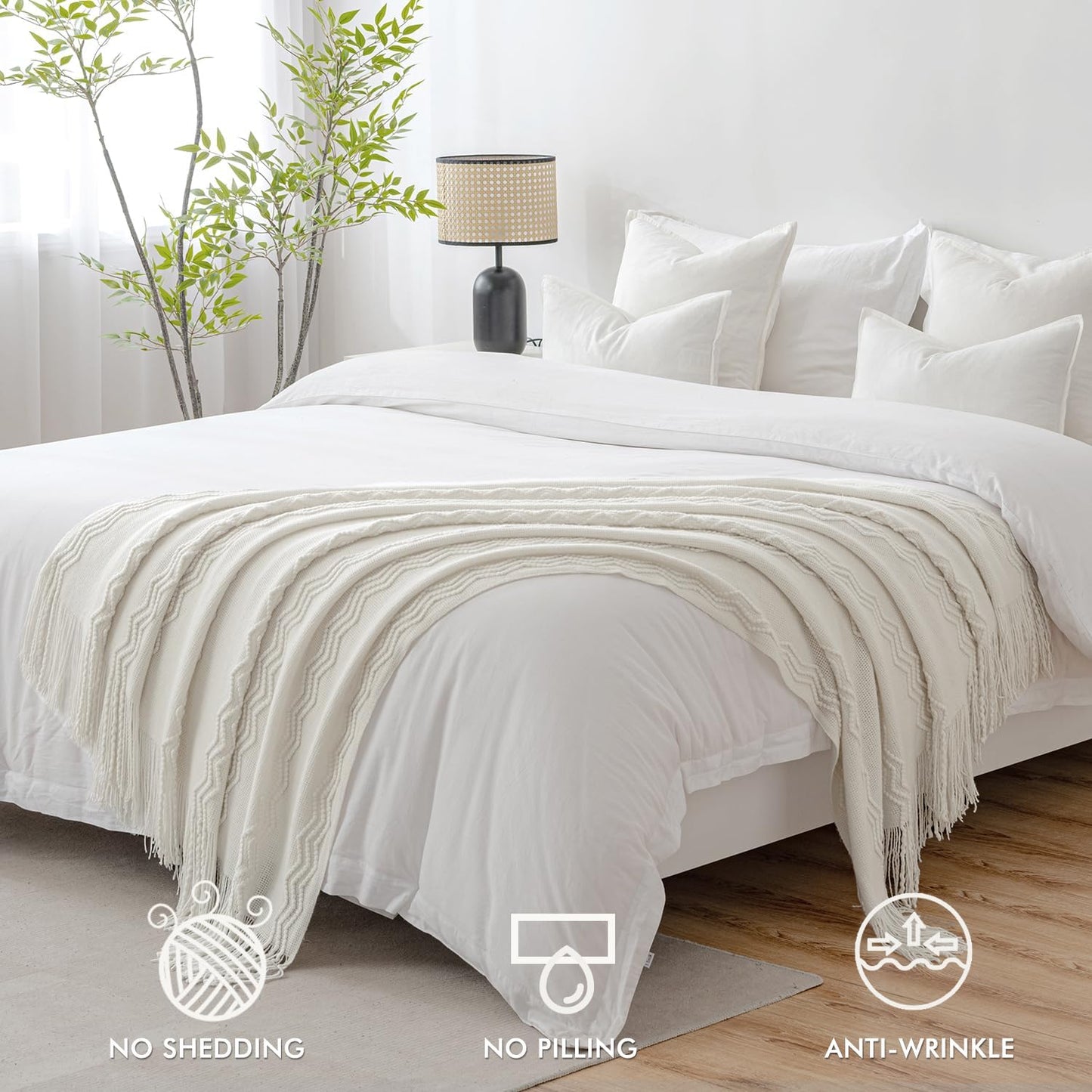 MIULEE Off White Knitted Throw Blanket for Couch Textured Knit Blanket with Tassels Cozy Woven Boho Bed Blanket for Sofa Bed Chair Acrylic Wave Pattern 50"x60"