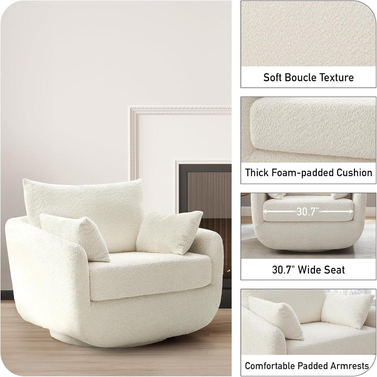 360° Swivel Accent Armchair Set of 2, 39.3" Oversized, Sherpa Boucle Fabric Sofa Chair with Removable Back & Arm Pillows, Swivel Chairs with Cozy Soft Padded, No Assembly Required, White
