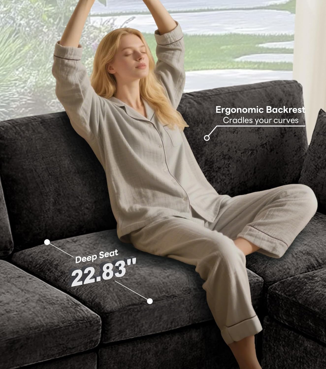 Tbfit L Shaped Couch 8 Seat, Sectional Sofa for Living Room,Chenille Cloud Couch with Ottoman, Black