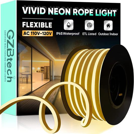 GZBtech Flexible LED Neon Rope Lights 33FT,AC 110-120V Waterproof Strip Light, 120 LEDs/M Cuttable Connectable Neon Lighting for Indoor Outdoor Home Decor/Commercial Building Use-Warm White 10M