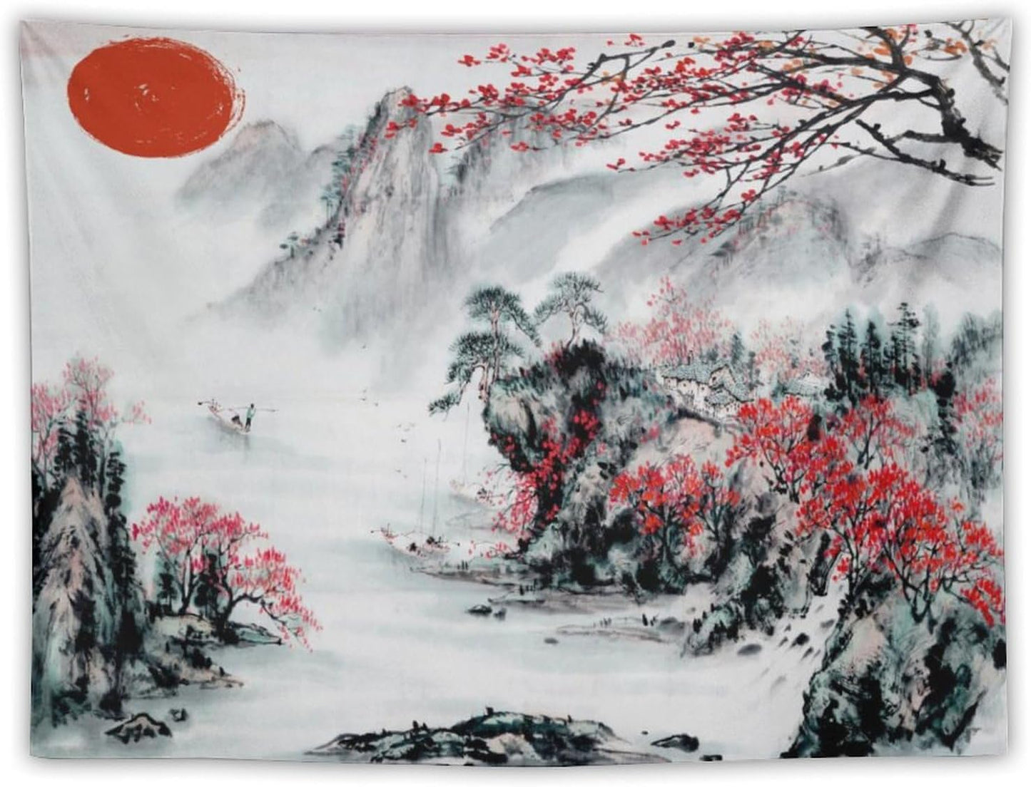 Cherry Blossoms Tapestry, Japanese Red Landscape Asian Watercolor Abstract Art, Bedroom Living Room Decor 40"x30"