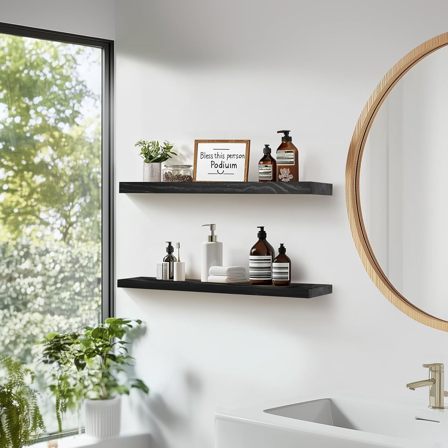 Floating Wall Shelves 2-Pack - Rustic Black 16-inch Wooden Wall Shelves for Storage and Décor, Multi-Functional and Easy to Install for Living Room, Bedroom, and Kitchen