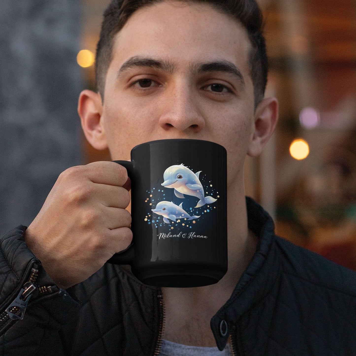 Custom Name Xmas Animal Cup, Cute Dolphins Swimming Design Mug 11oz 15oz, Customized Christmas Dolphins Black Cup, Personalized Animal Lover Coffee Mug, Gift For Newlyweds, Close Friend