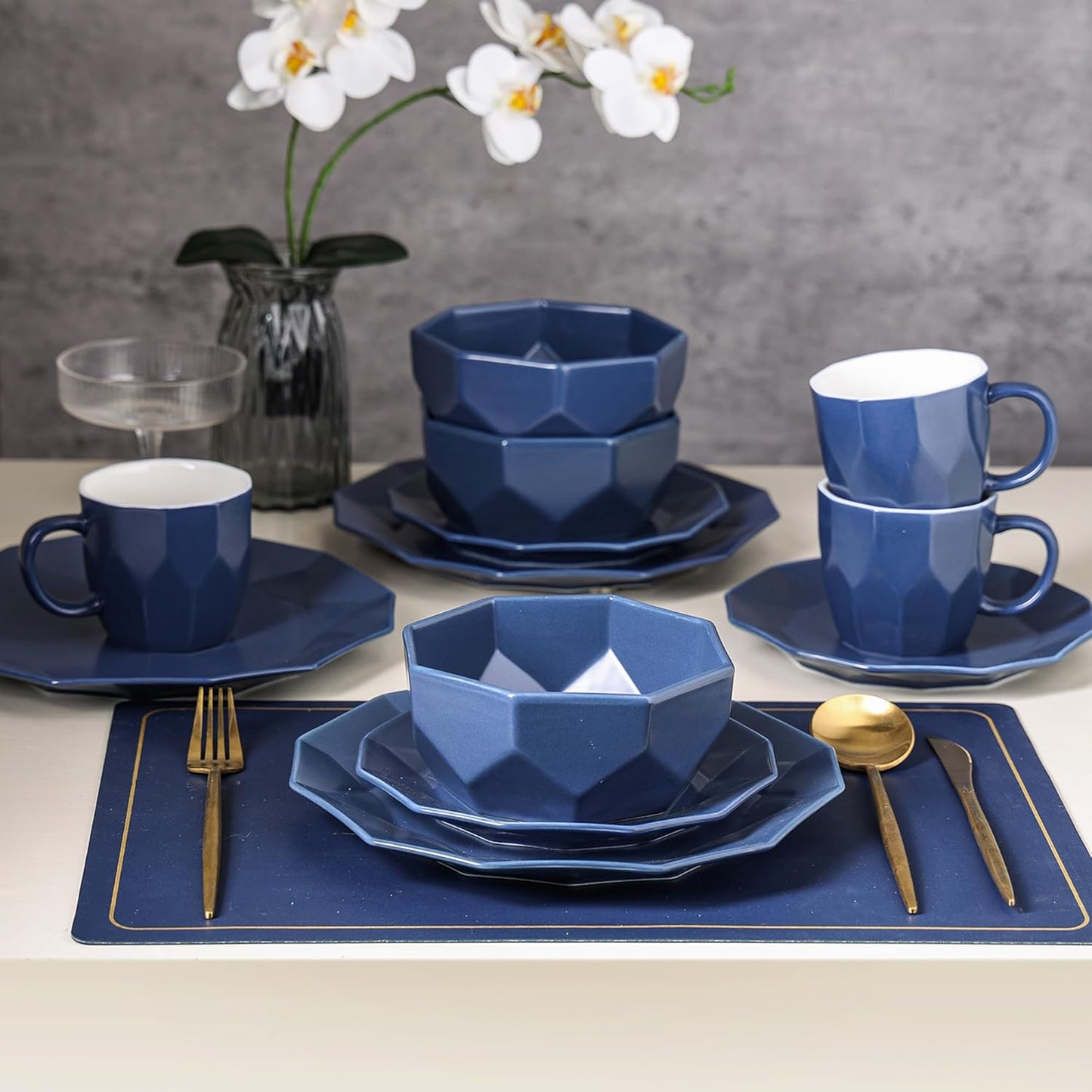 Stone + Lain Jamie Porcelain 32-Piece Geometric Dinnerware Set, Blue