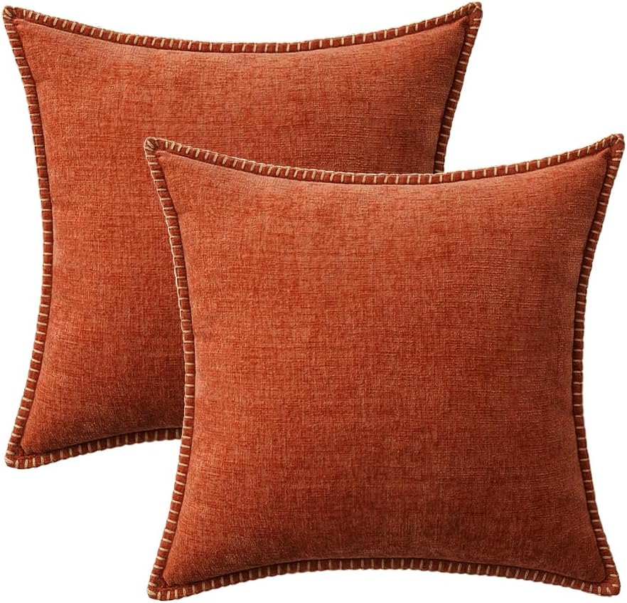 MIULEE Pack of 2 Fall Couch Throw Pillow Covers 18x18 Inch Rust Farmhouse Decorative Pillow Covers with Stitched Edge Soft Chenille Solid Dyed Pillow Covers for Sofa Bed Living Room