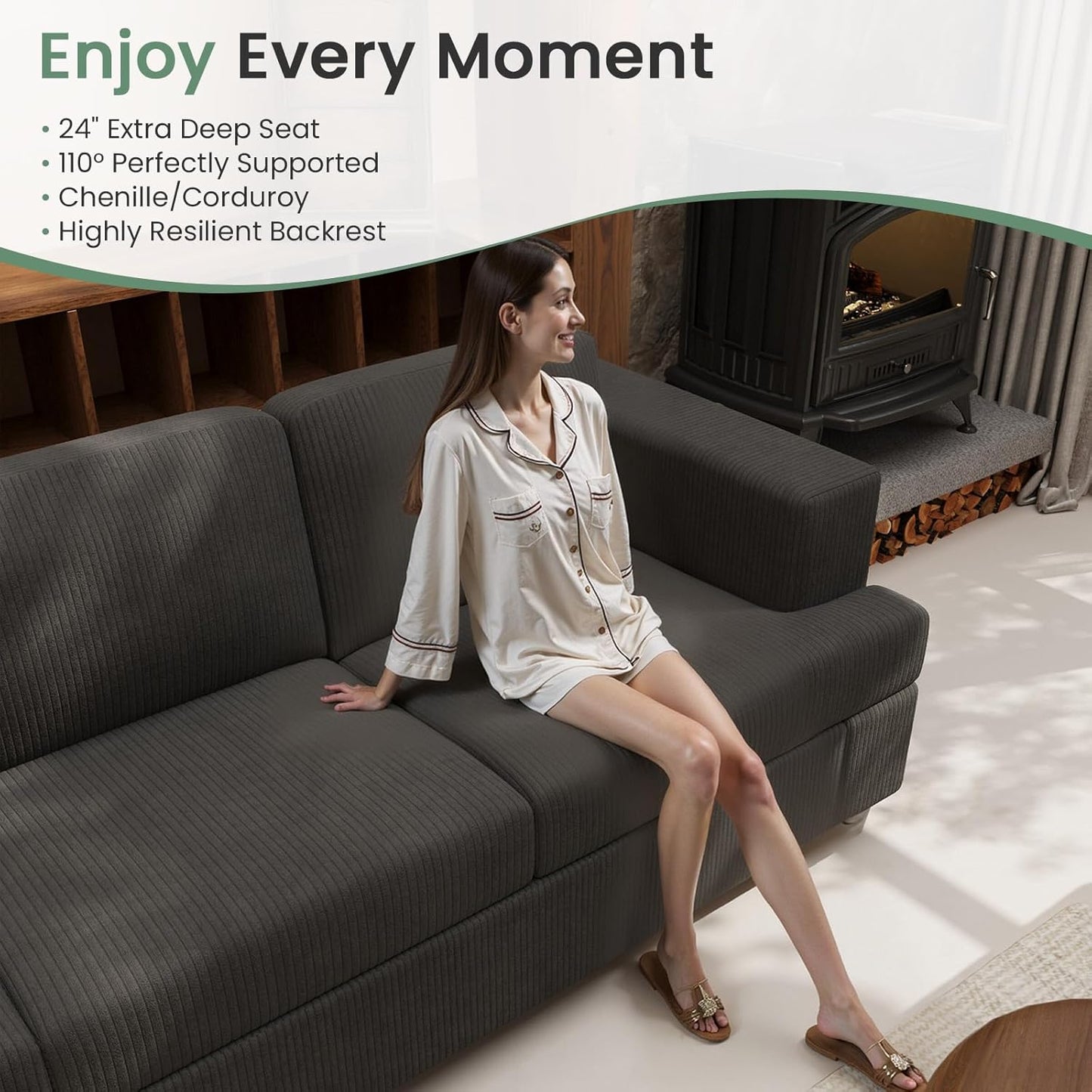 2 Piece Set Comfy Sofa Couch, 2 3-Seater Sofa with Deep Seats, Modern Sleeper Couch for Living Room, Black Corduroy